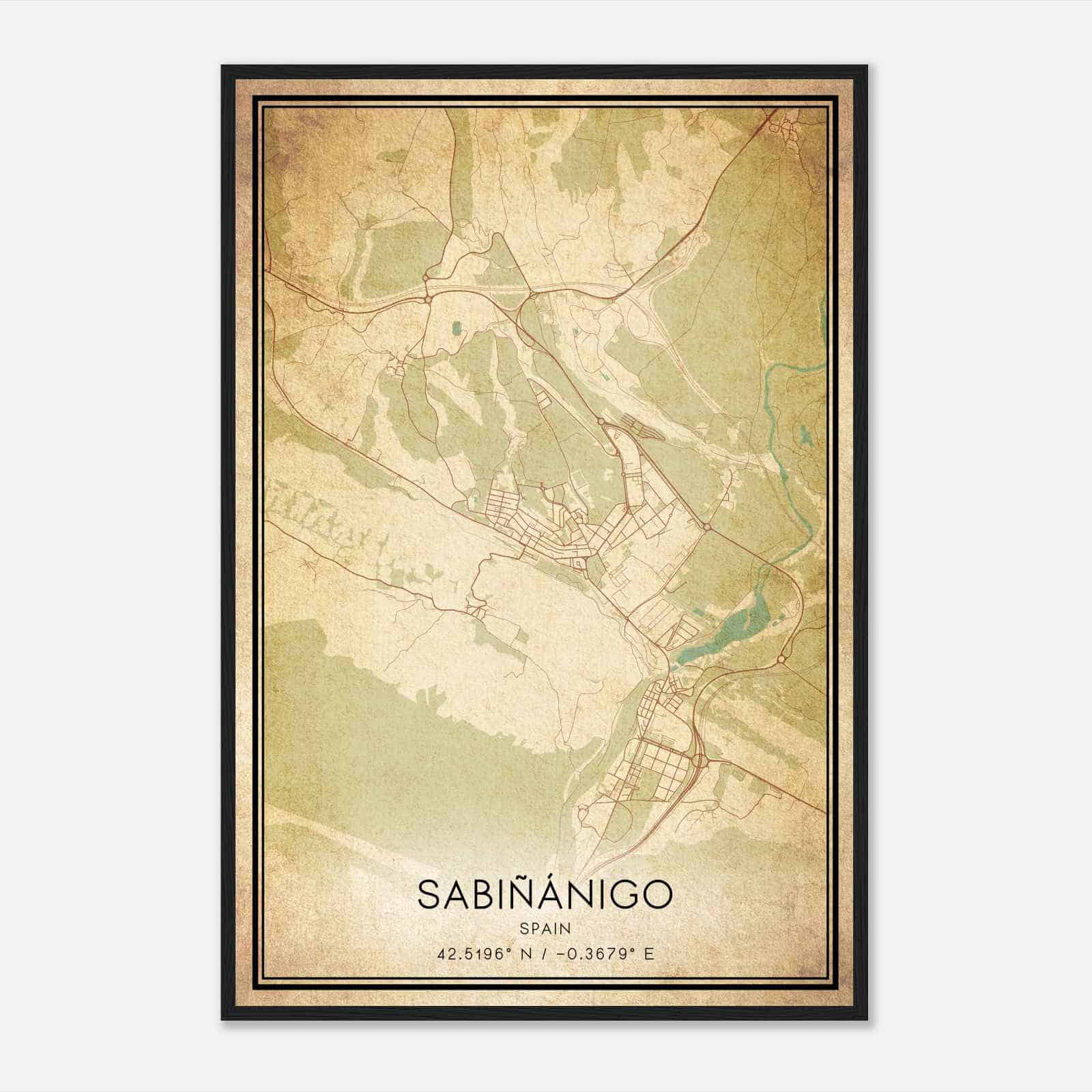 Vintage Sabinanigo Spain Map Poster, Sabinanigo City Road Wall Art Print