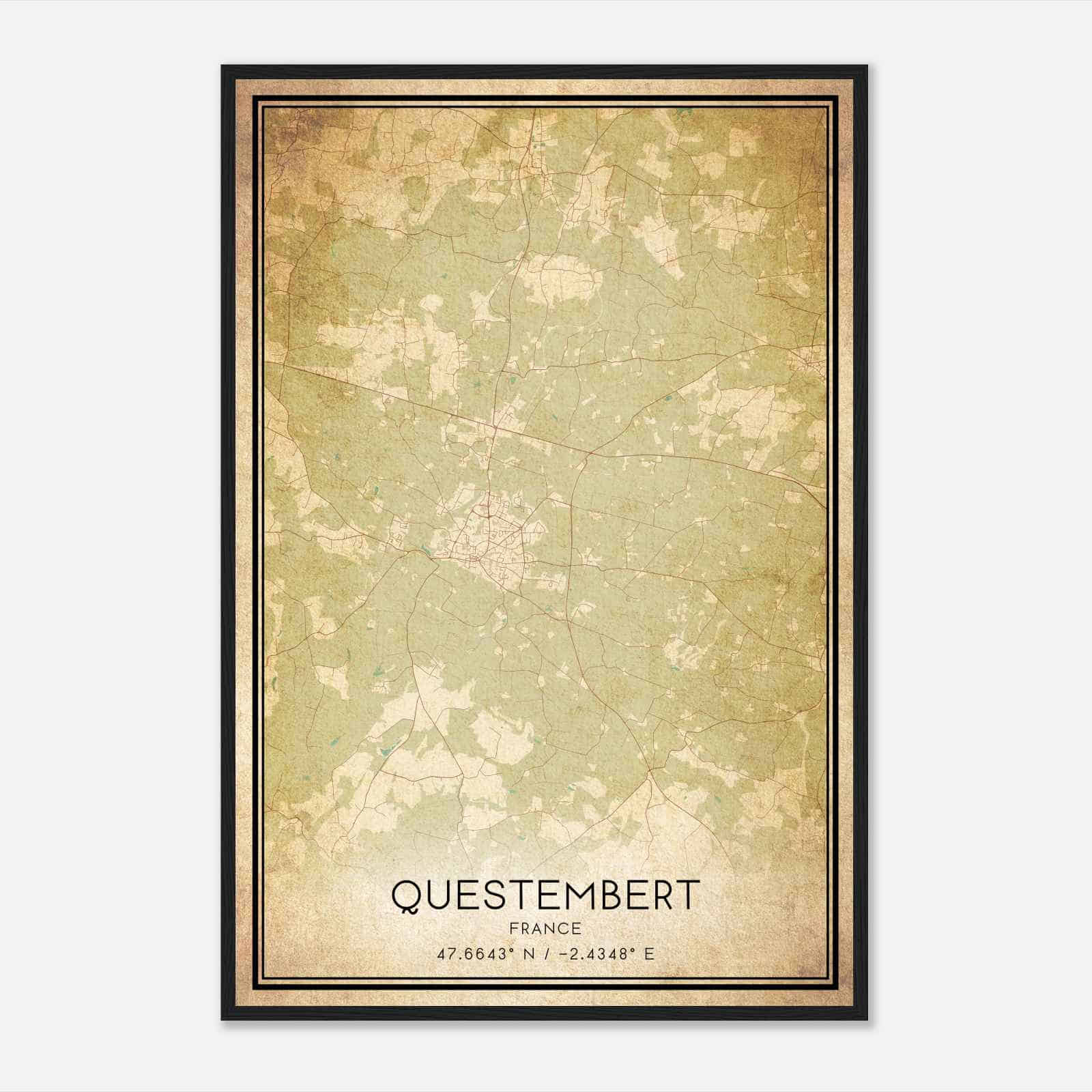 Vintage Questembert France Map Poster, Questembert City Road Wall Art Print