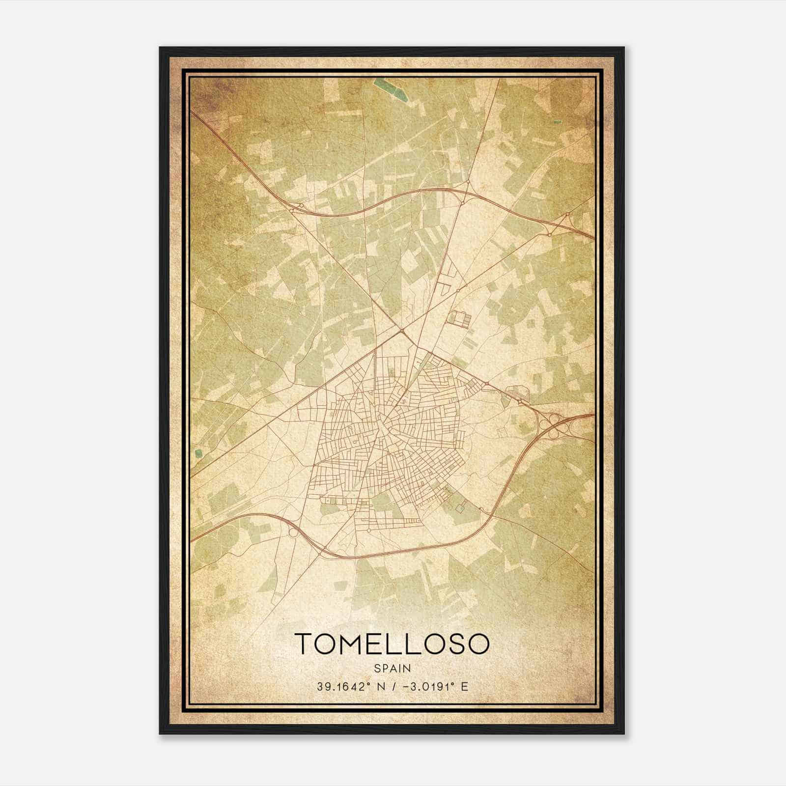 Vintage Tomelloso Spain Map Poster, Tomelloso City Road Wall Art Print