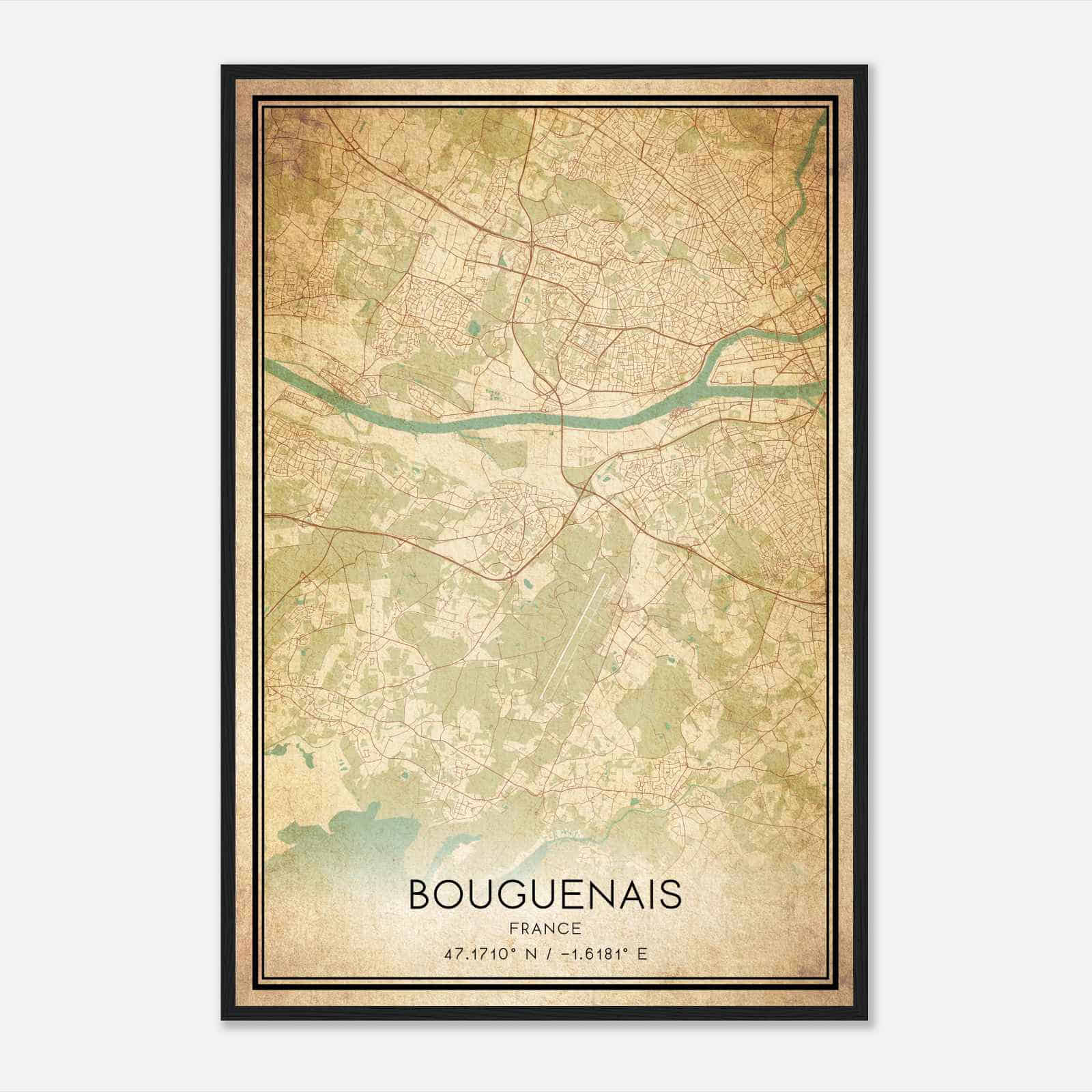 Vintage Bouguenais France Map Poster, Bouguenais City Road Wall Art Print