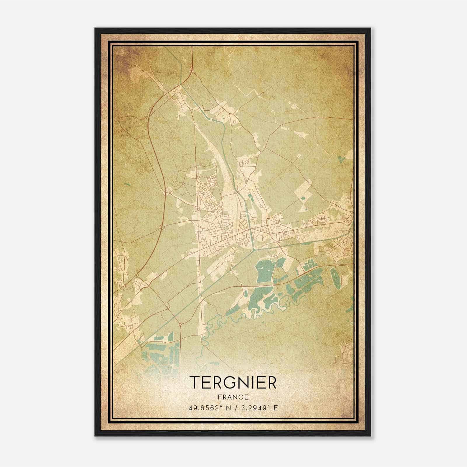 Vintage Tergnier France Map Poster, Tergnier City Road Wall Art Print