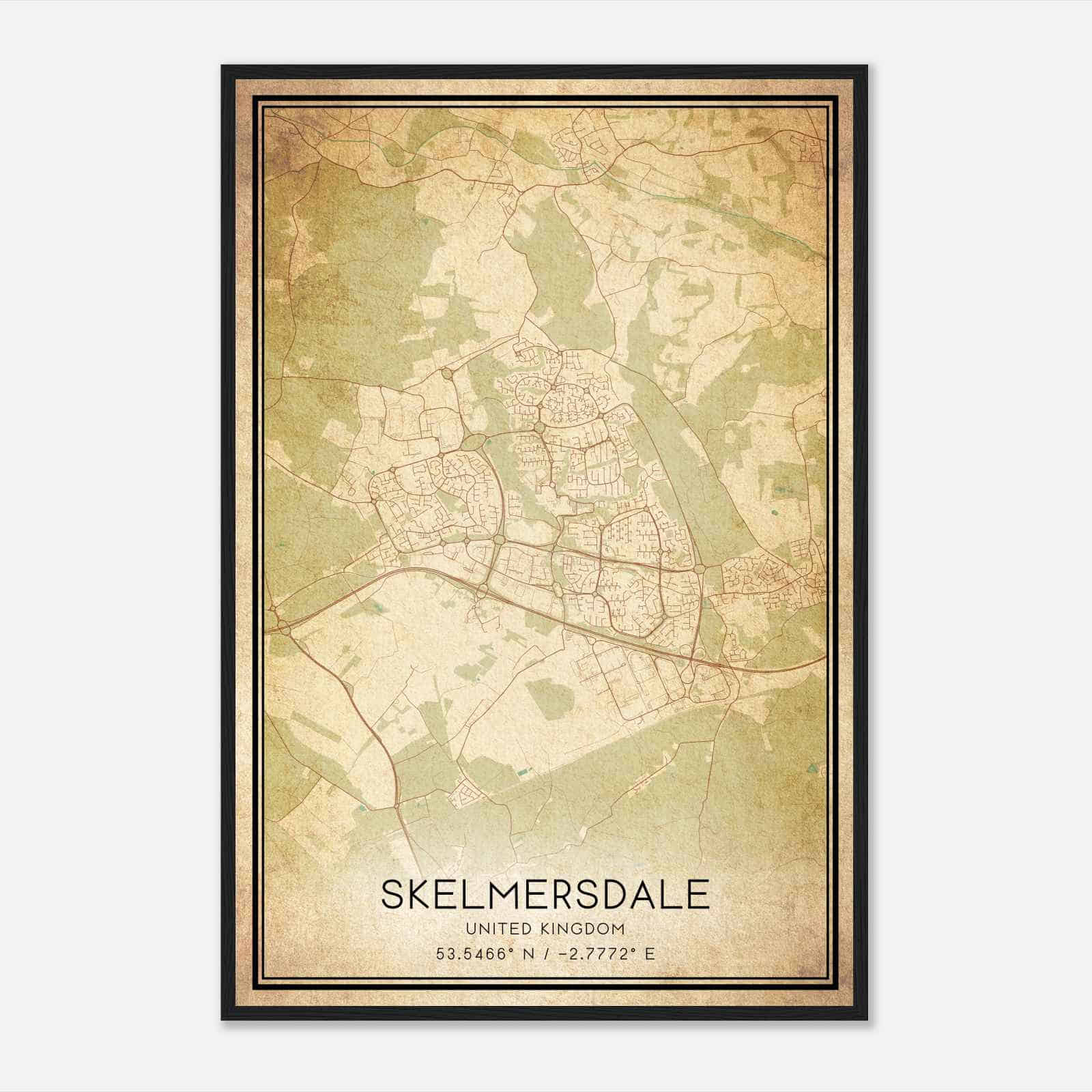 Vintage Skelmersdale United Kingdom Map Poster, Skelmersdale City Road Wall Art Print