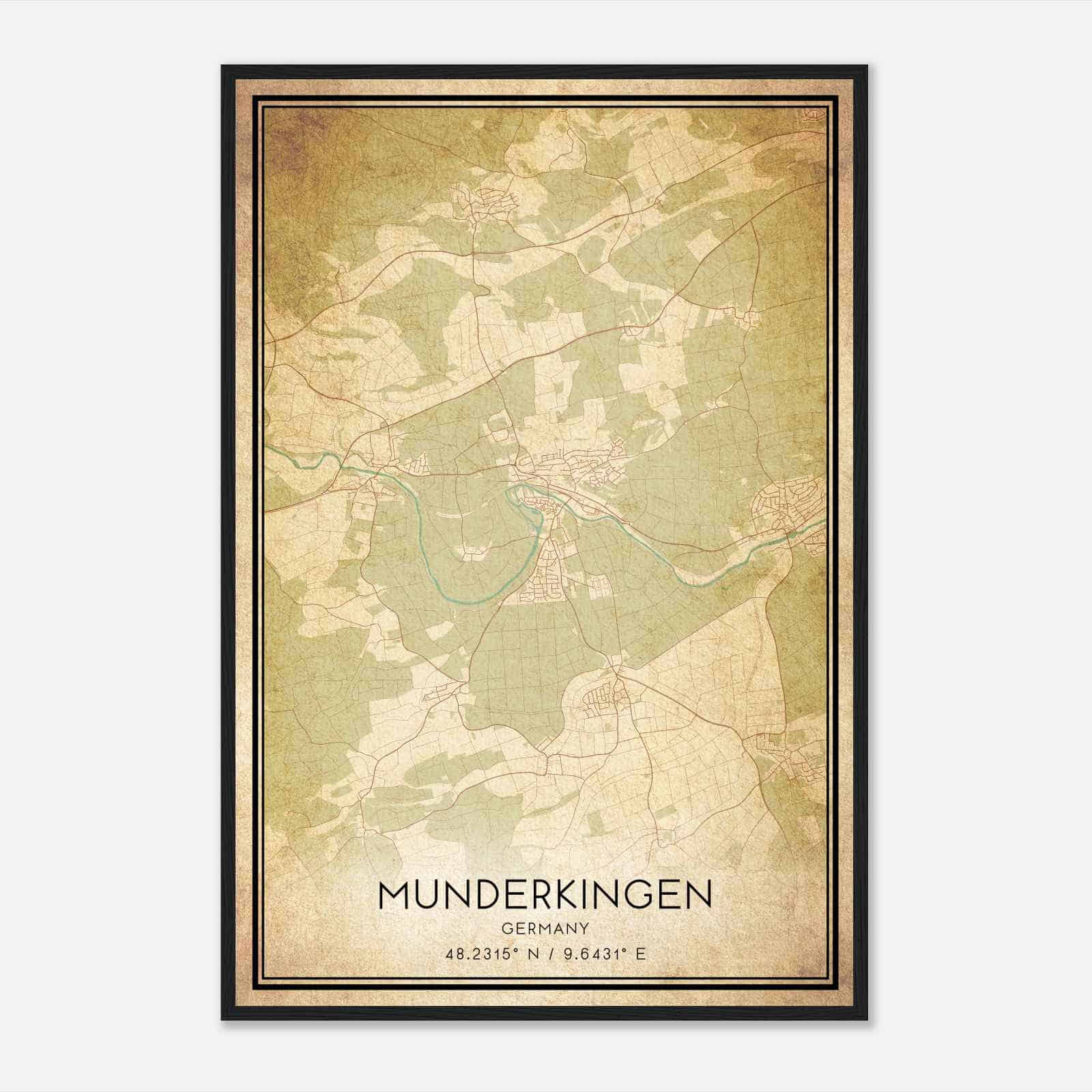 Vintage Munderkingen Germany Map Poster, Munderkingen City Road Wall Art Print