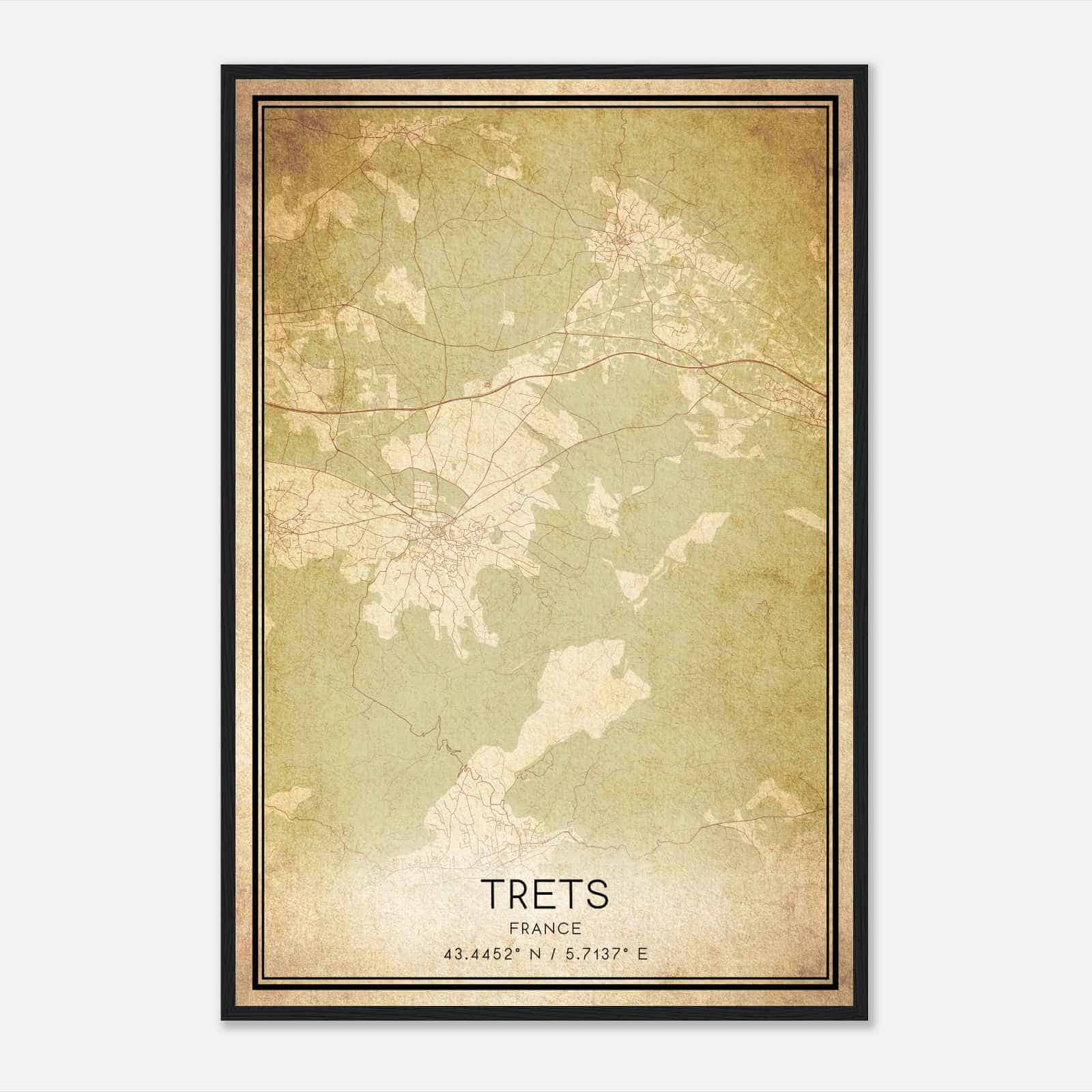 Vintage Trets France Map Poster, Trets City Road Wall Art Print