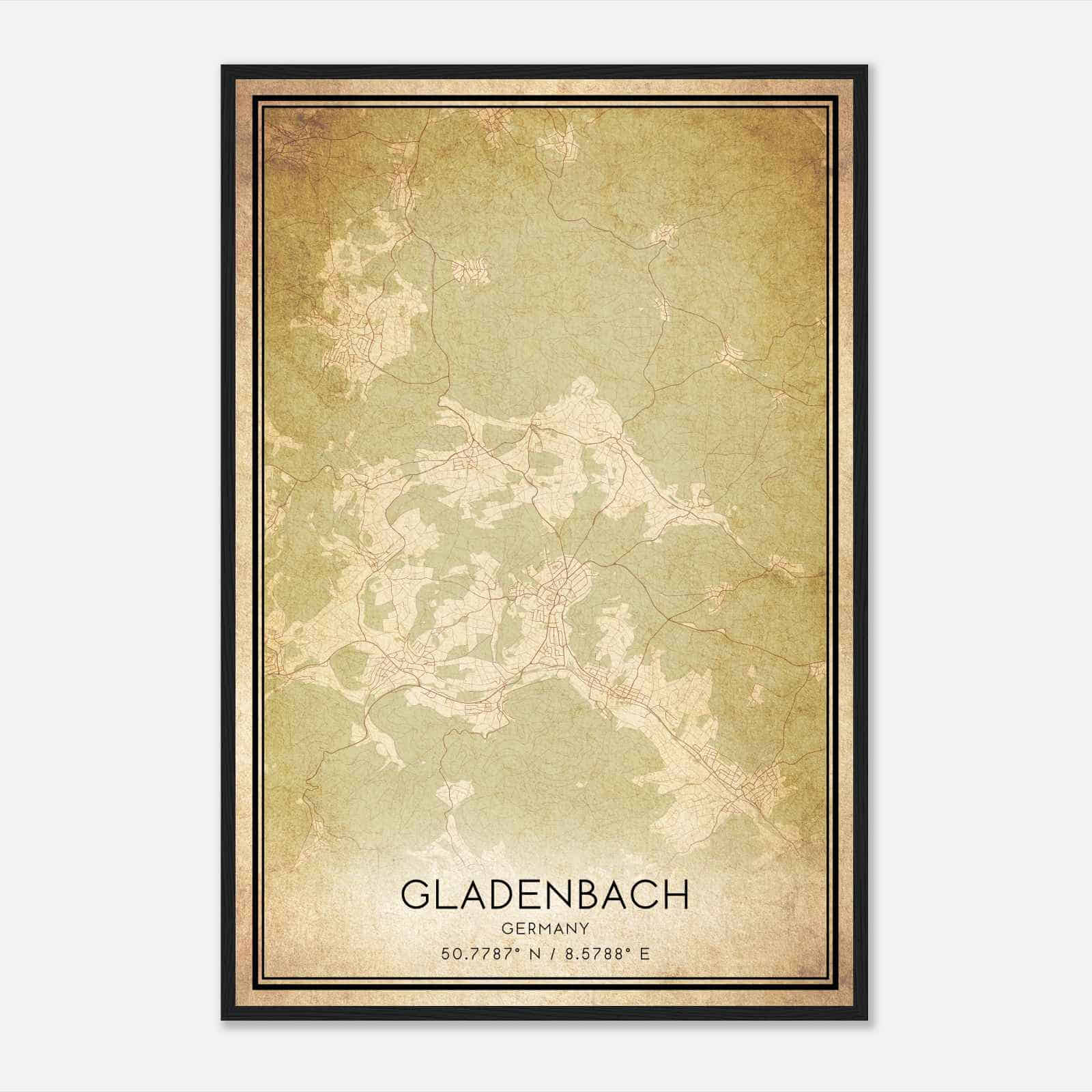 Vintage Gladenbach Germany Map Poster, Gladenbach City Road Wall Art Print