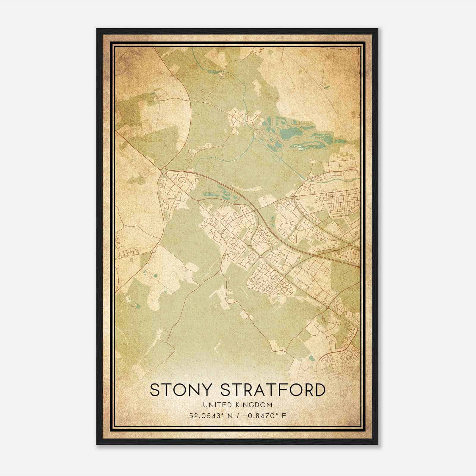 Vintage Stony Stratford United Kingdom Map Poster, Stony Stratford City Road Wall Art Print