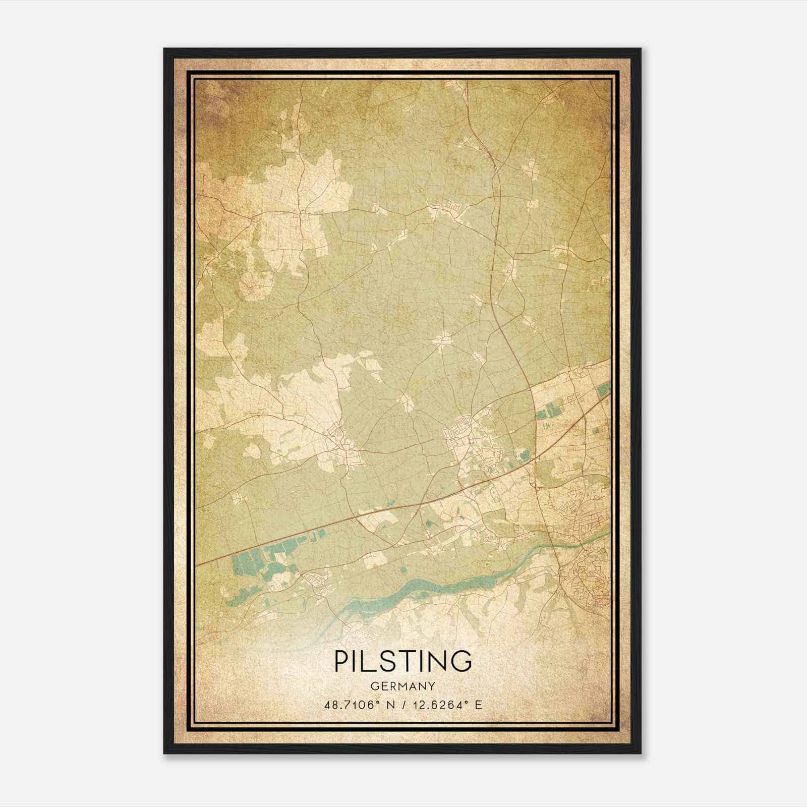 Vintage Pilsting Germany Map Poster, Pilsting City Road Wall Art Print