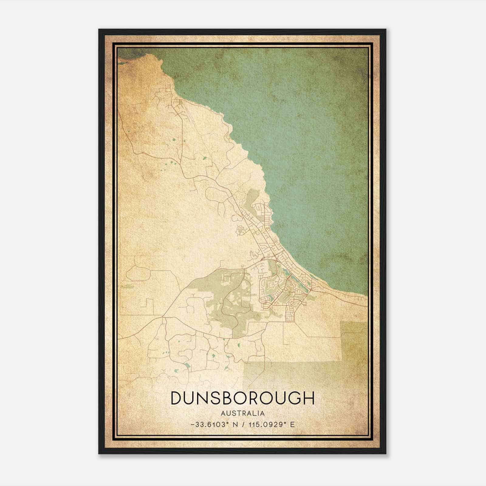 Vintage Dunsborough Australia Map Poster, Dunsborough City Road Wall Art Print