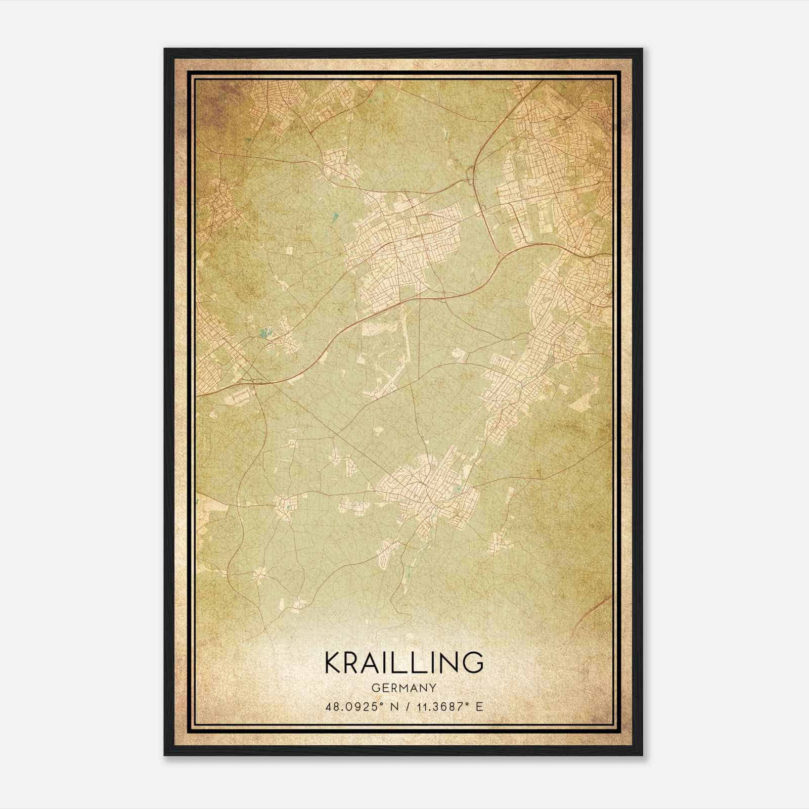 Vintage Krailling Germany Map Poster, Krailling City Road Wall Art Print