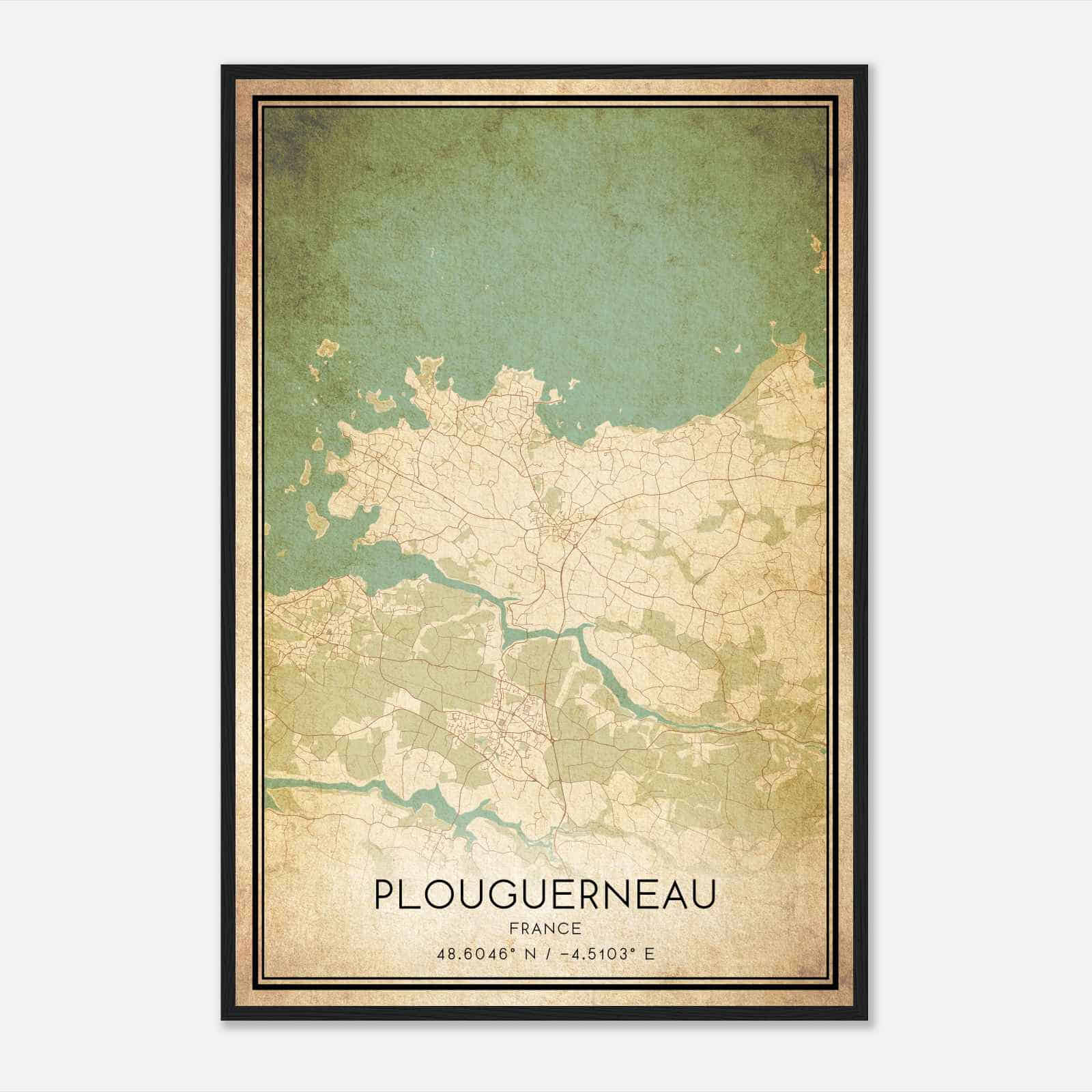 Vintage Plouguerneau France Map Poster, Plouguerneau City Road Wall Art Print