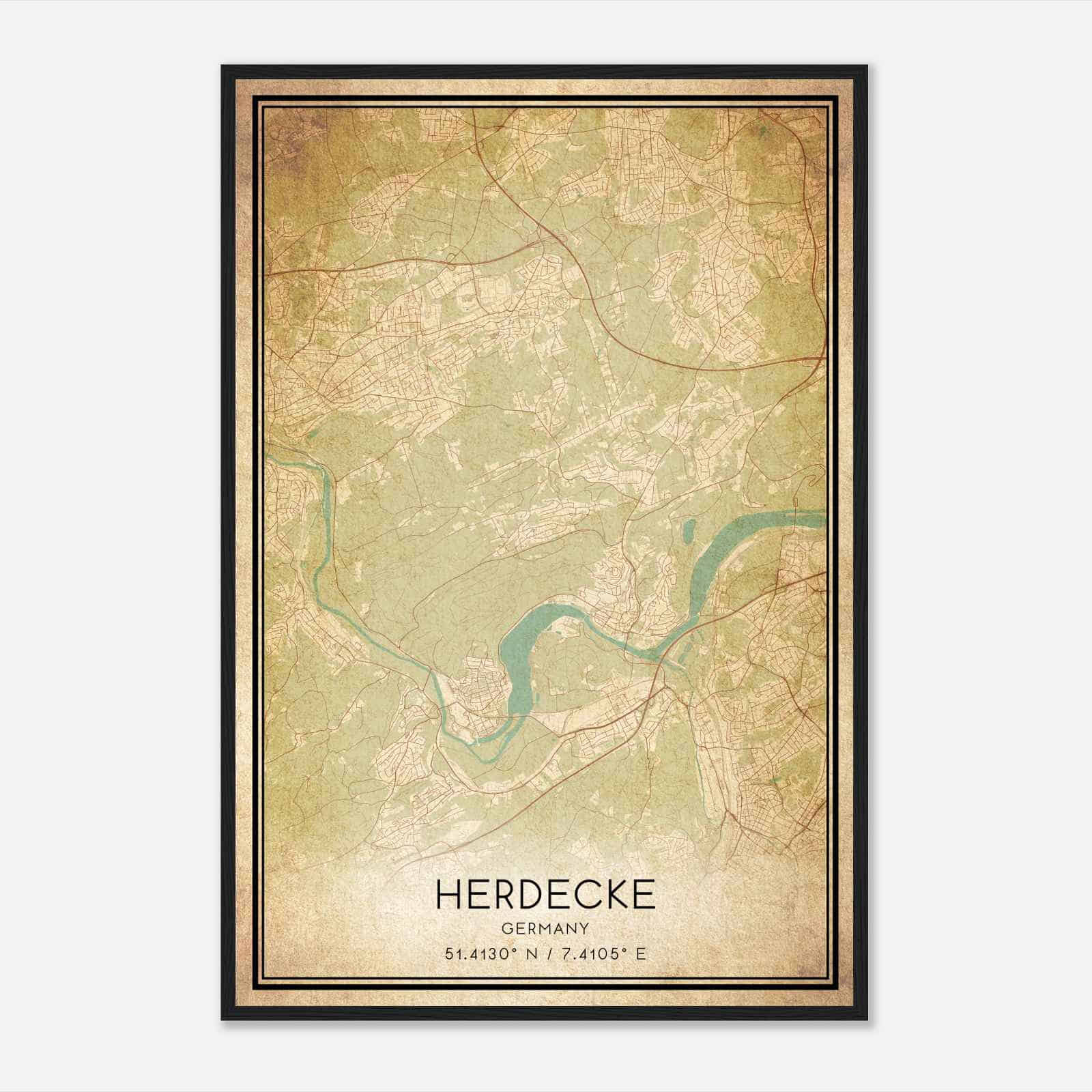 Vintage Herdecke Germany Map Poster, Herdecke City Road Wall Art Print
