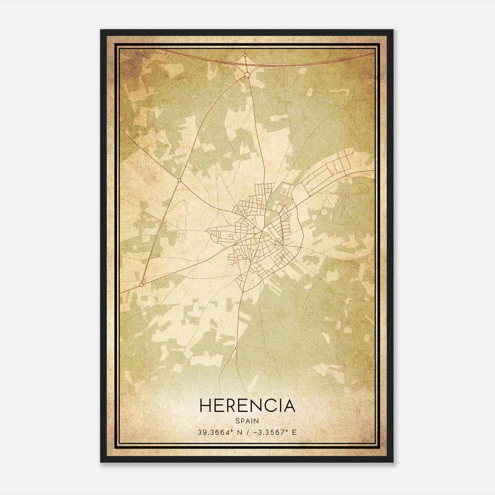 Vintage Herencia Spain Map Poster, Herencia City Road Wall Art Print Vintage Herencia Spain Map Poster, Herencia City Road Wall Art Print