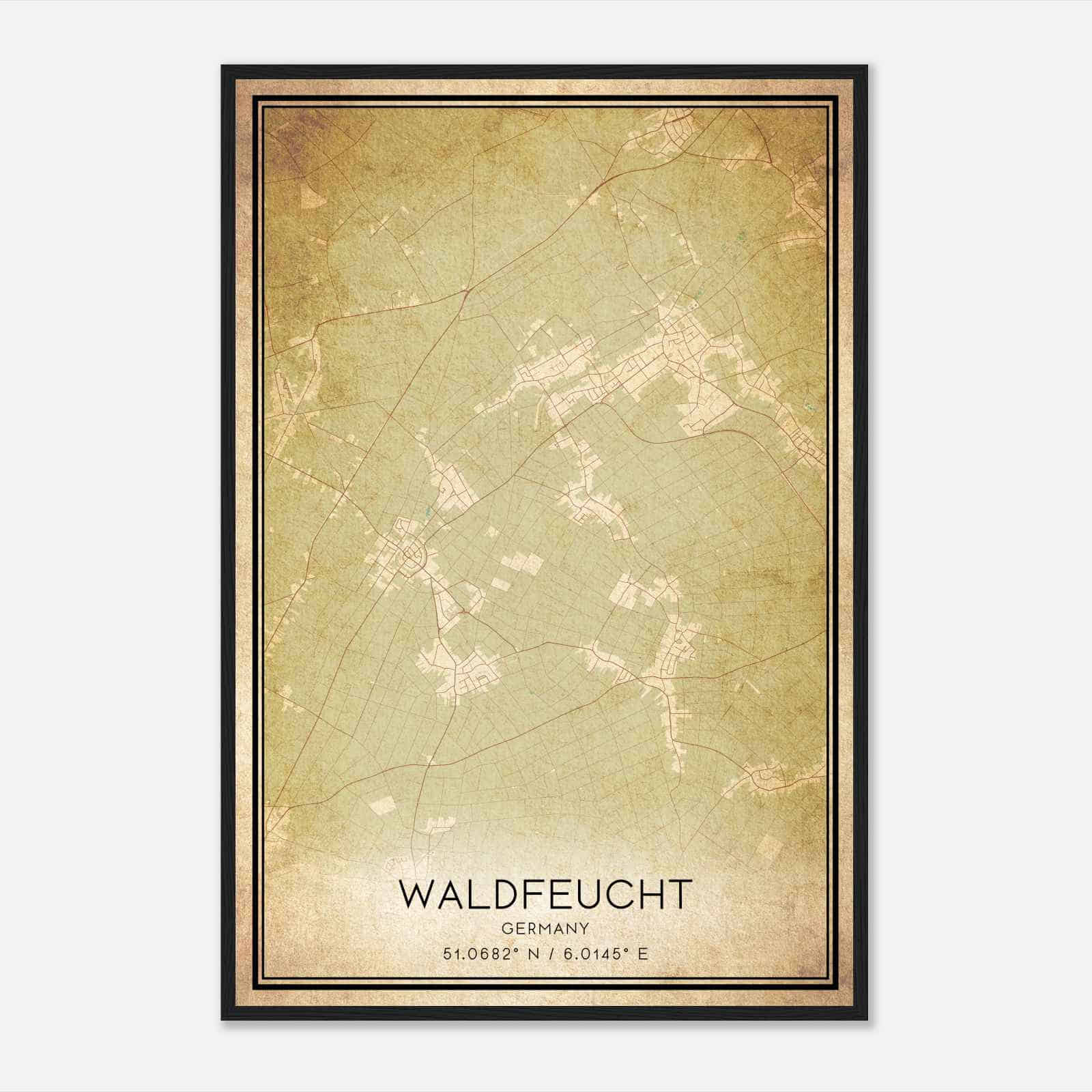 Vintage Waldfeucht Germany Map Poster, Waldfeucht City Road Wall Art Print
