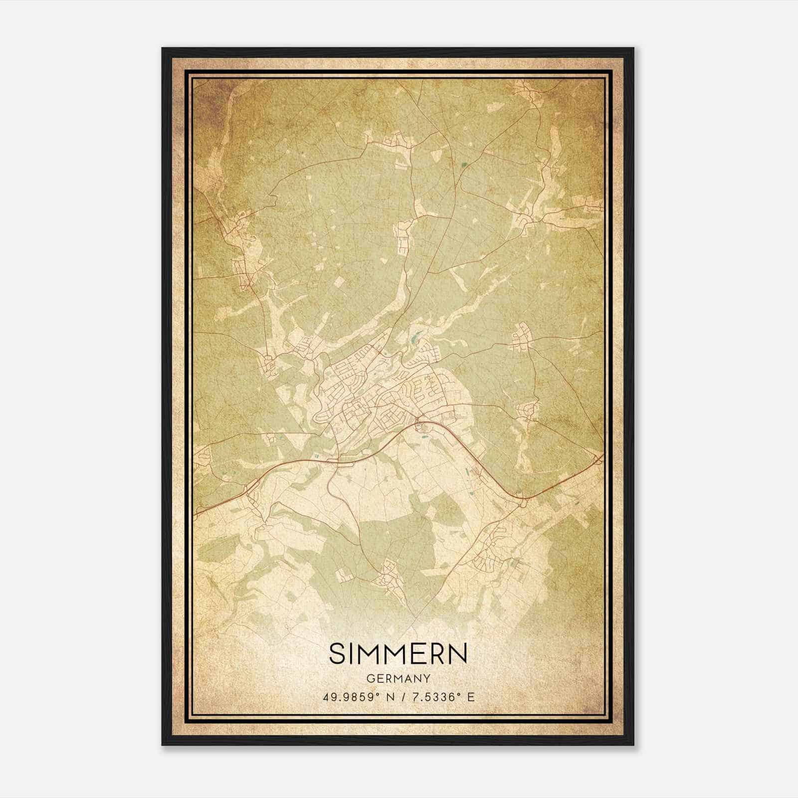 Vintage Simmern Germany Map Poster, Simmern City Road Wall Art Print