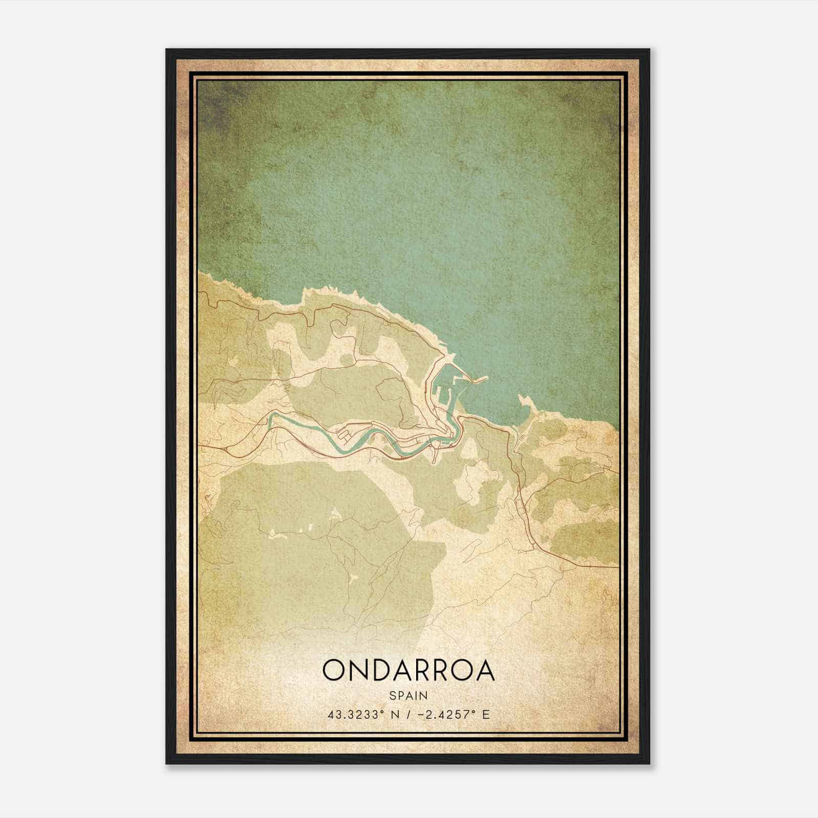 Vintage Ondarroa Spain Map Poster, Ondarroa City Road Wall Art Print