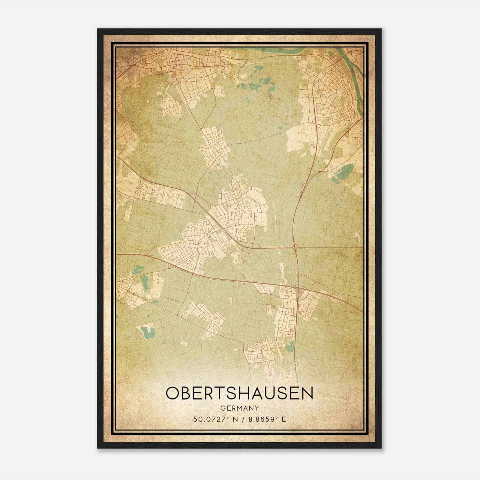 Vintage Obertshausen Germany Map Poster, Obertshausen City Road Wall Art Print