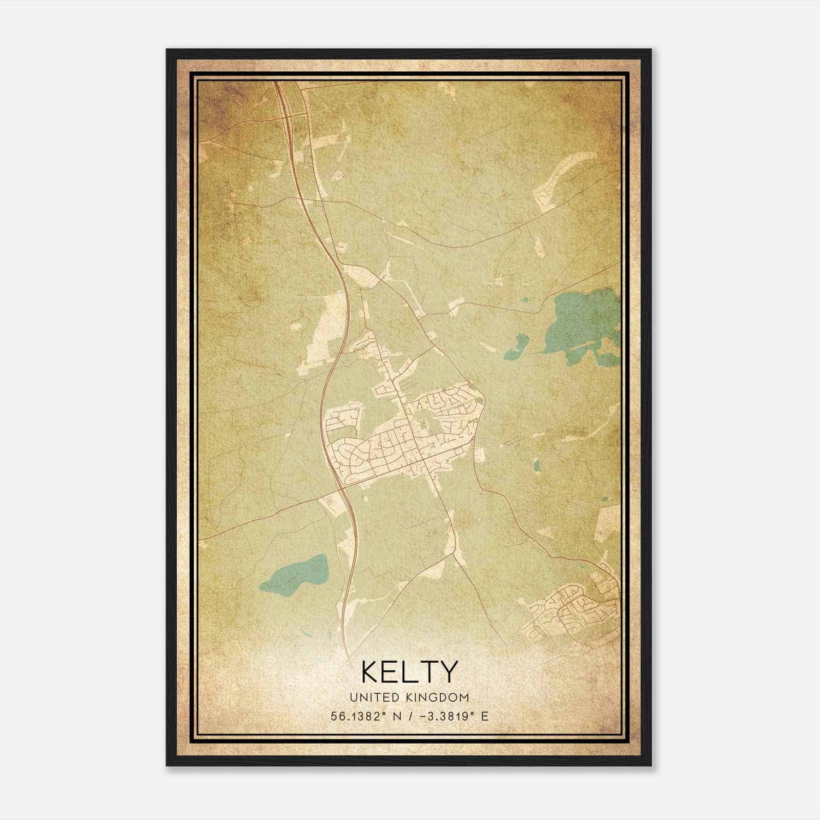 Vintage Kelty United Kingdom Map Poster, Kelty City Road Wall Art Print