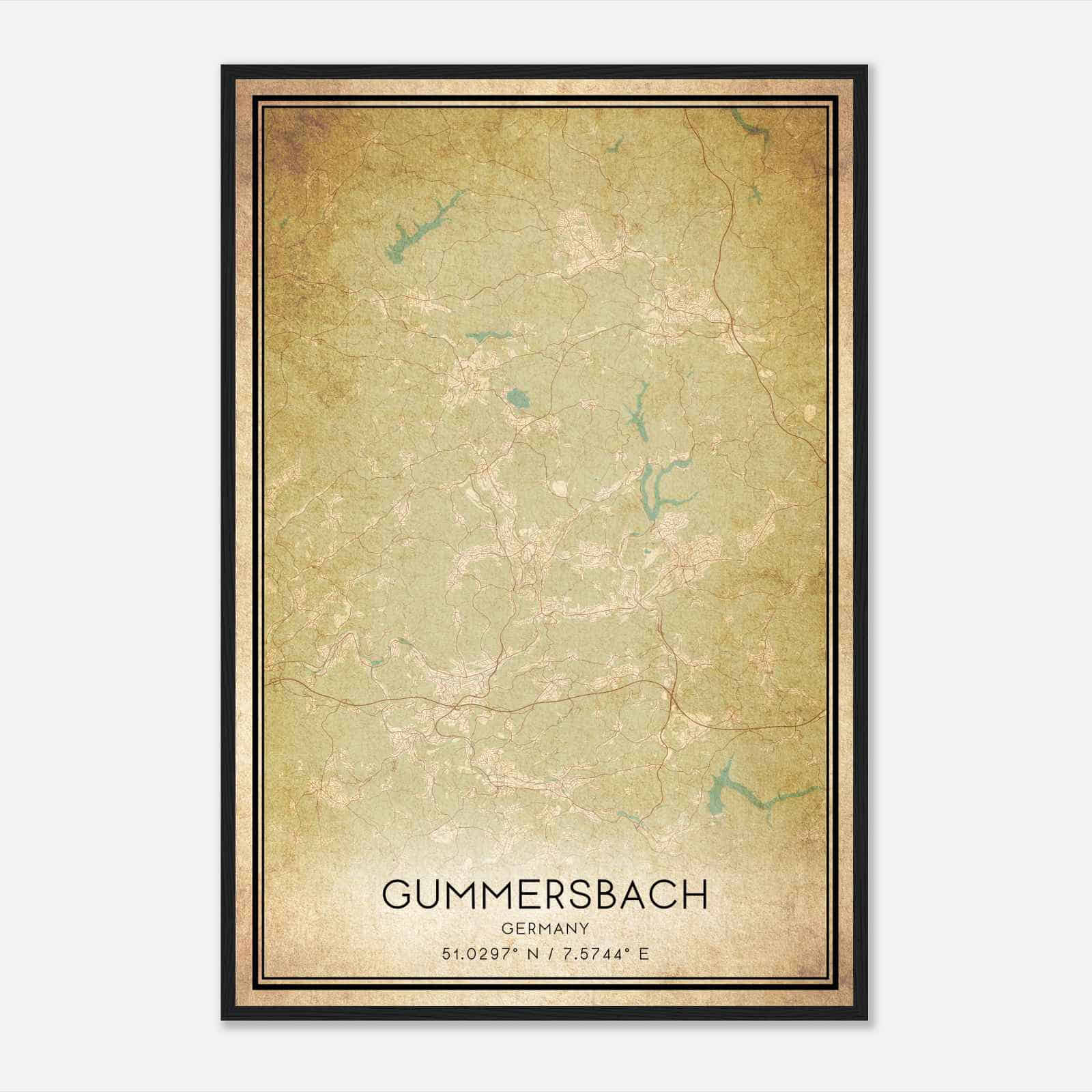 Vintage Gummersbach Germany Map Poster, Gummersbach City Road Wall Art Print