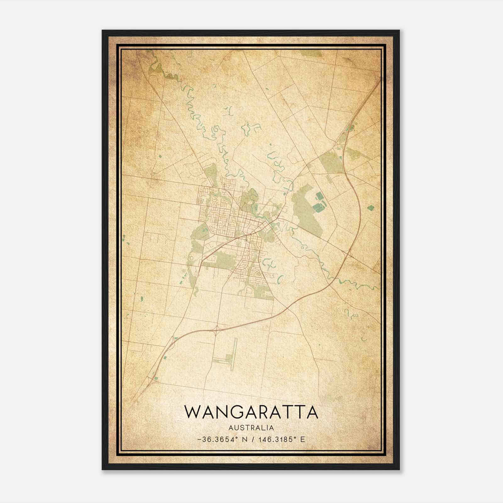 Vintage Wangaratta Australia Map Poster, Wangaratta City Road Wall Art Print