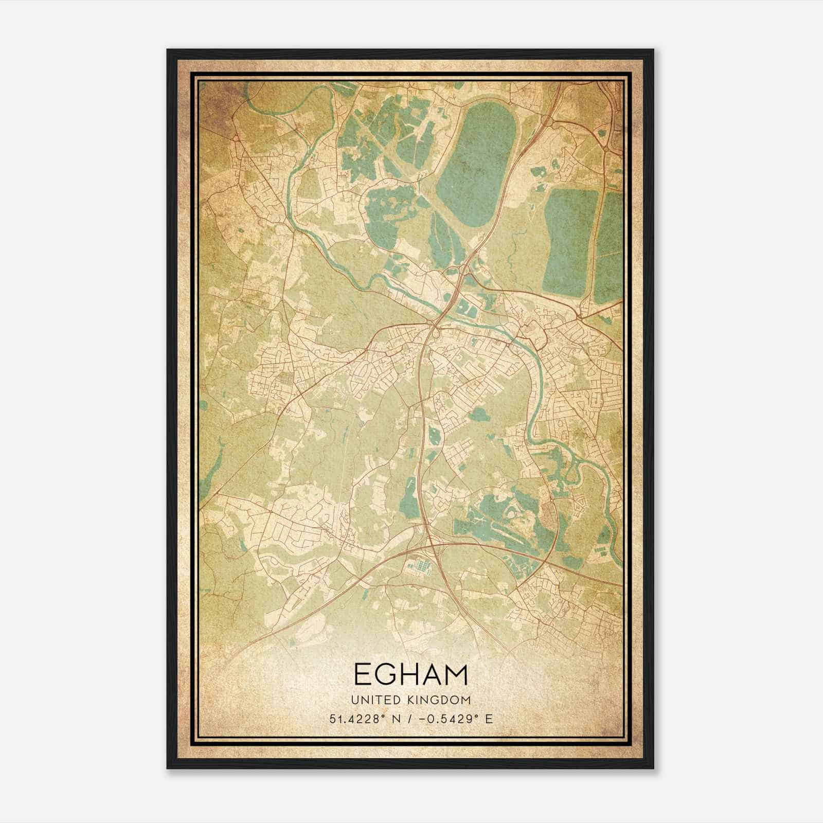 Vintage Egham United Kingdom Map Poster, Egham City Road Wall Art Print