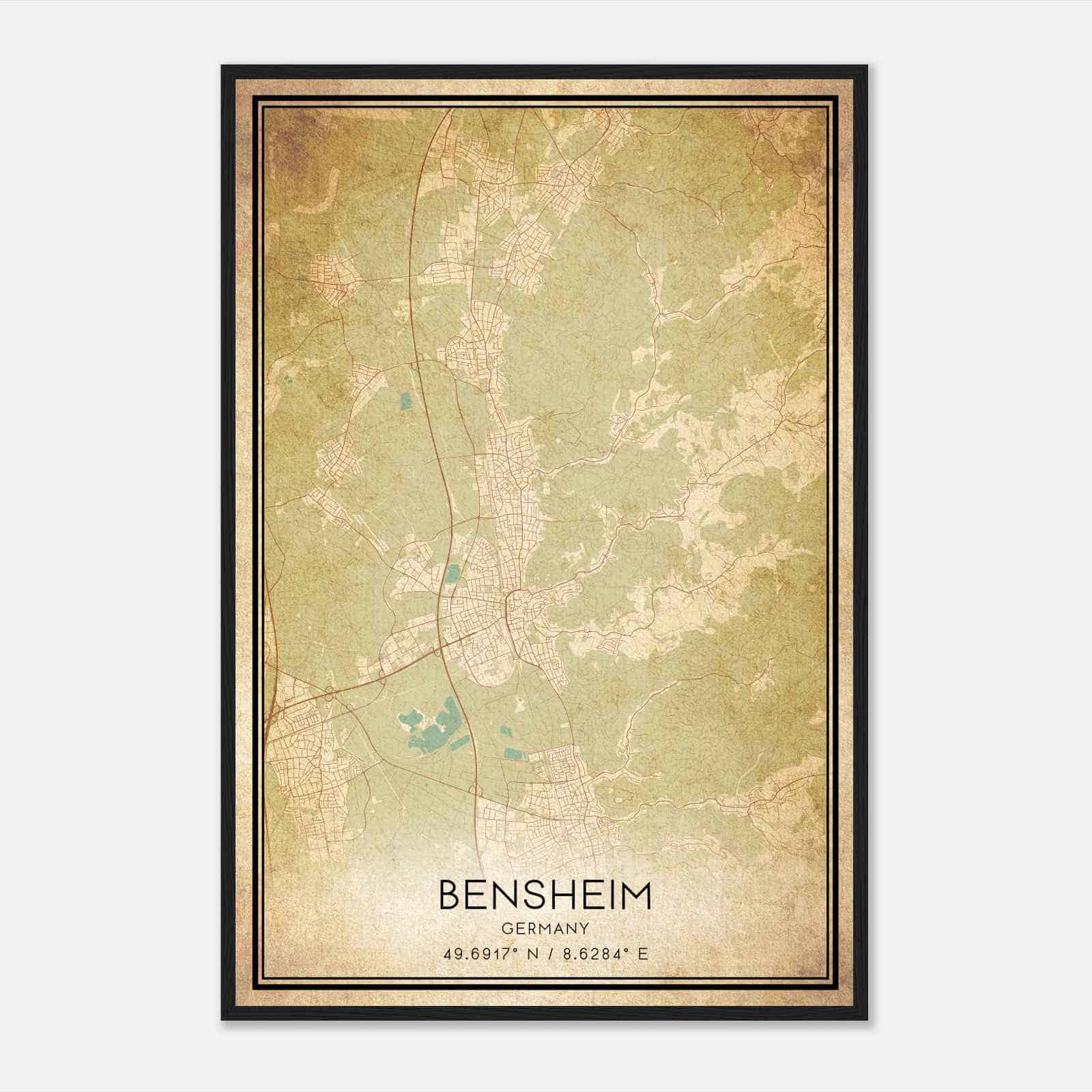 Vintage Bensheim Germany Map Poster, Bensheim City Road Wall Art Print
