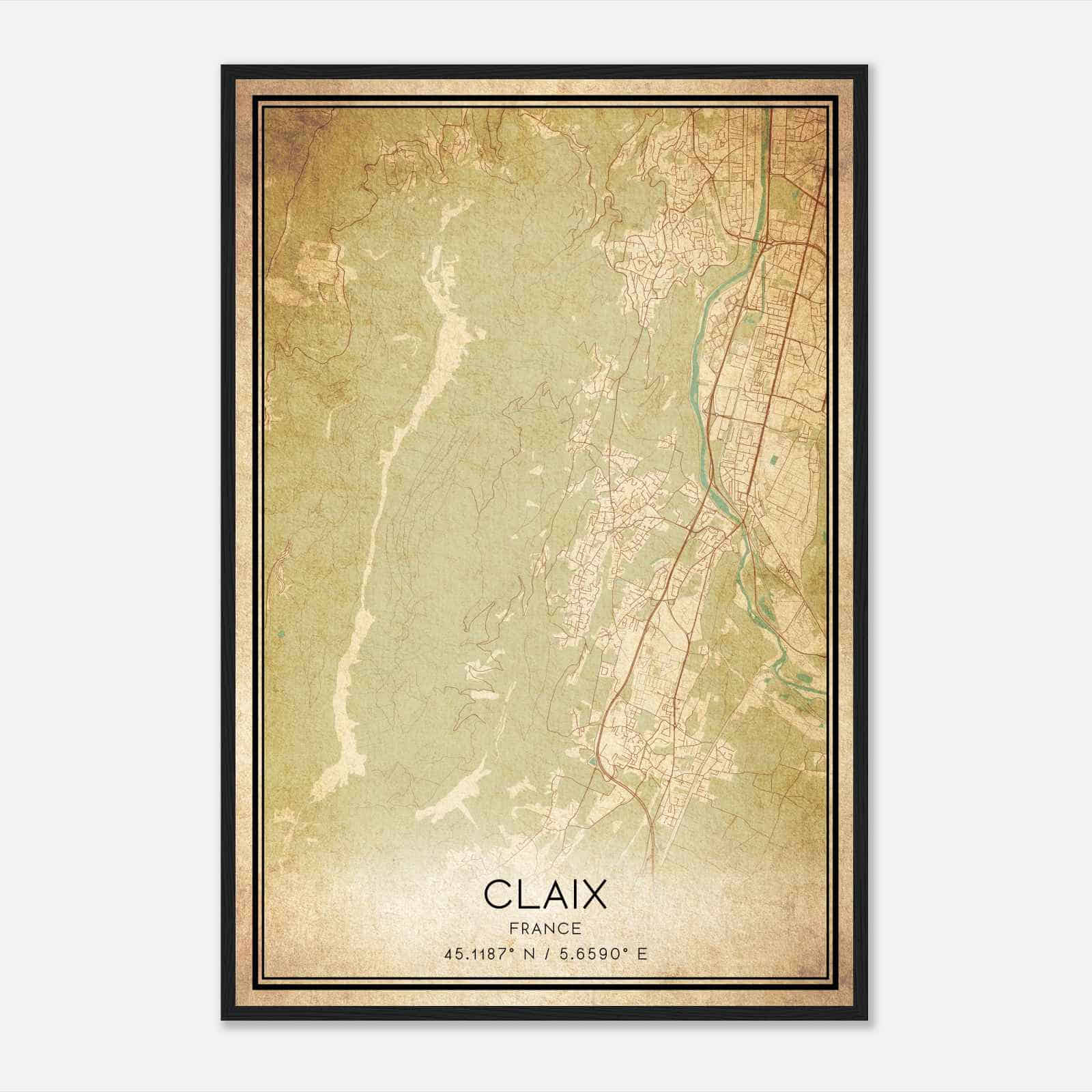 Vintage Claix France Map Poster, Claix City Road Wall Art Print