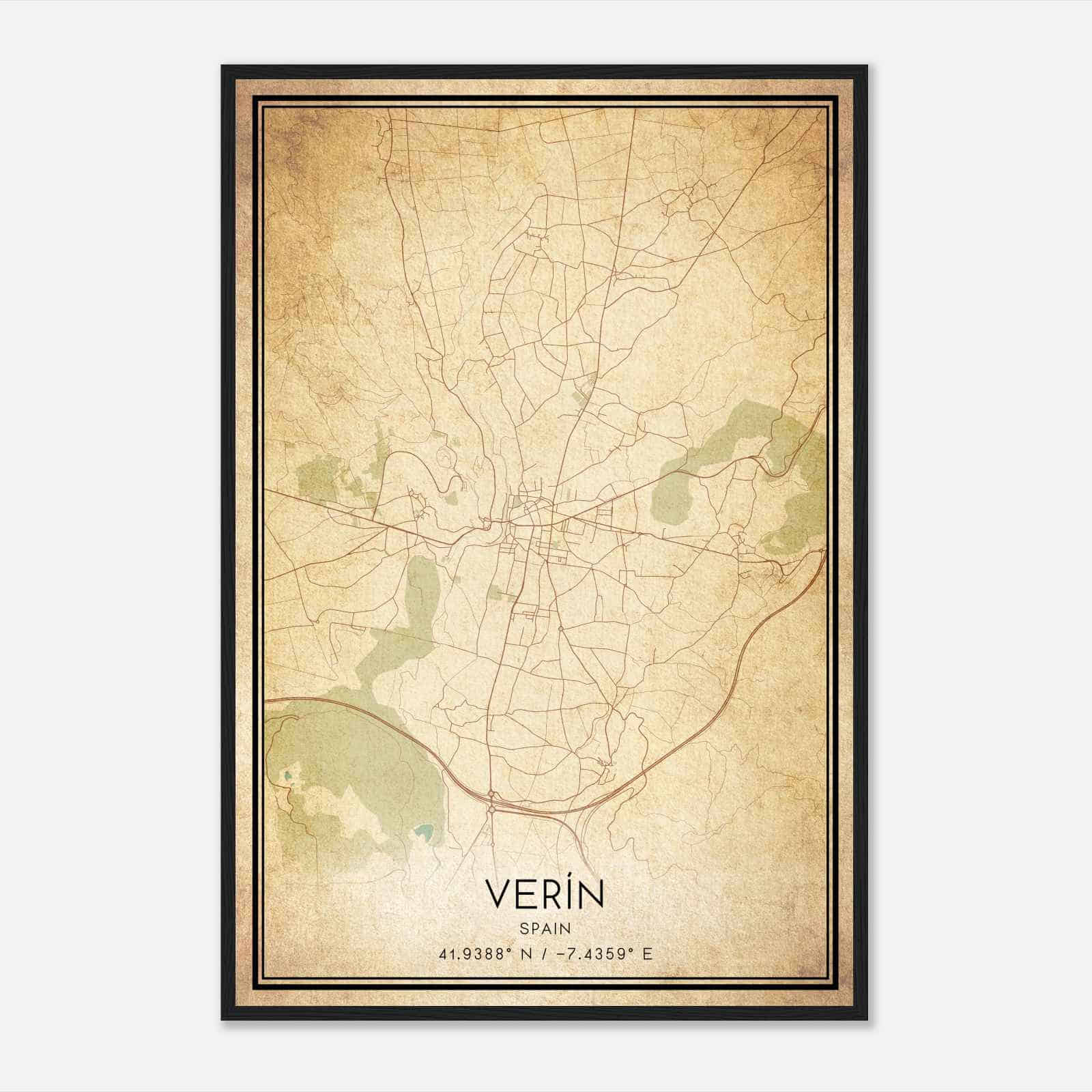 Vintage Verin Spain Map Poster, Verin City Road Wall Art Print