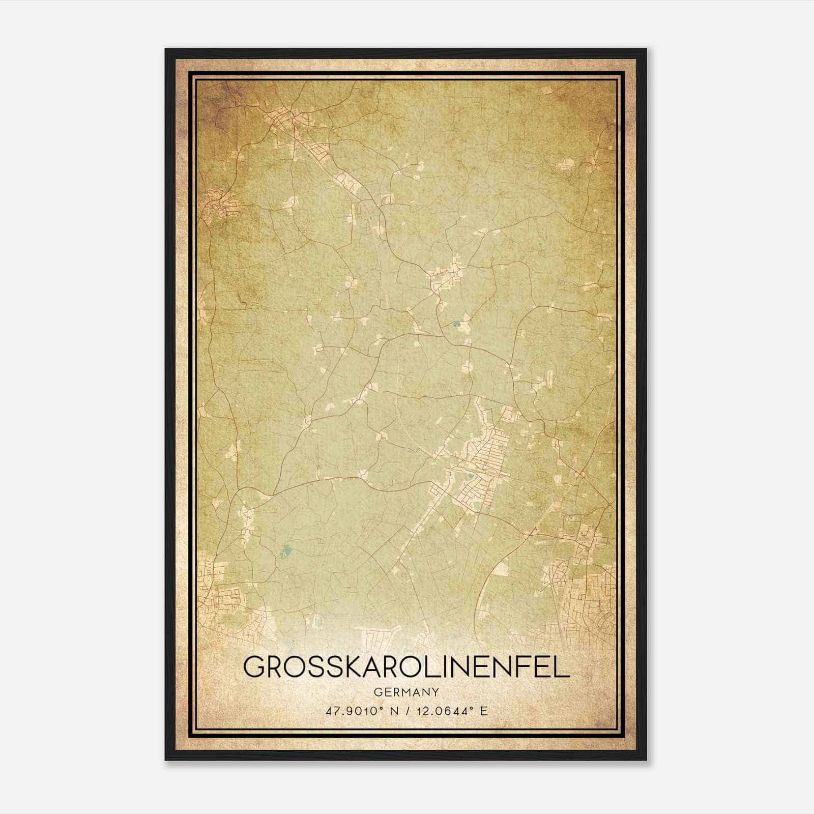 Vintage Grosskarolinenfeld Germany Map Poster, Grosskarolinenfeld City Road Wall Art Print