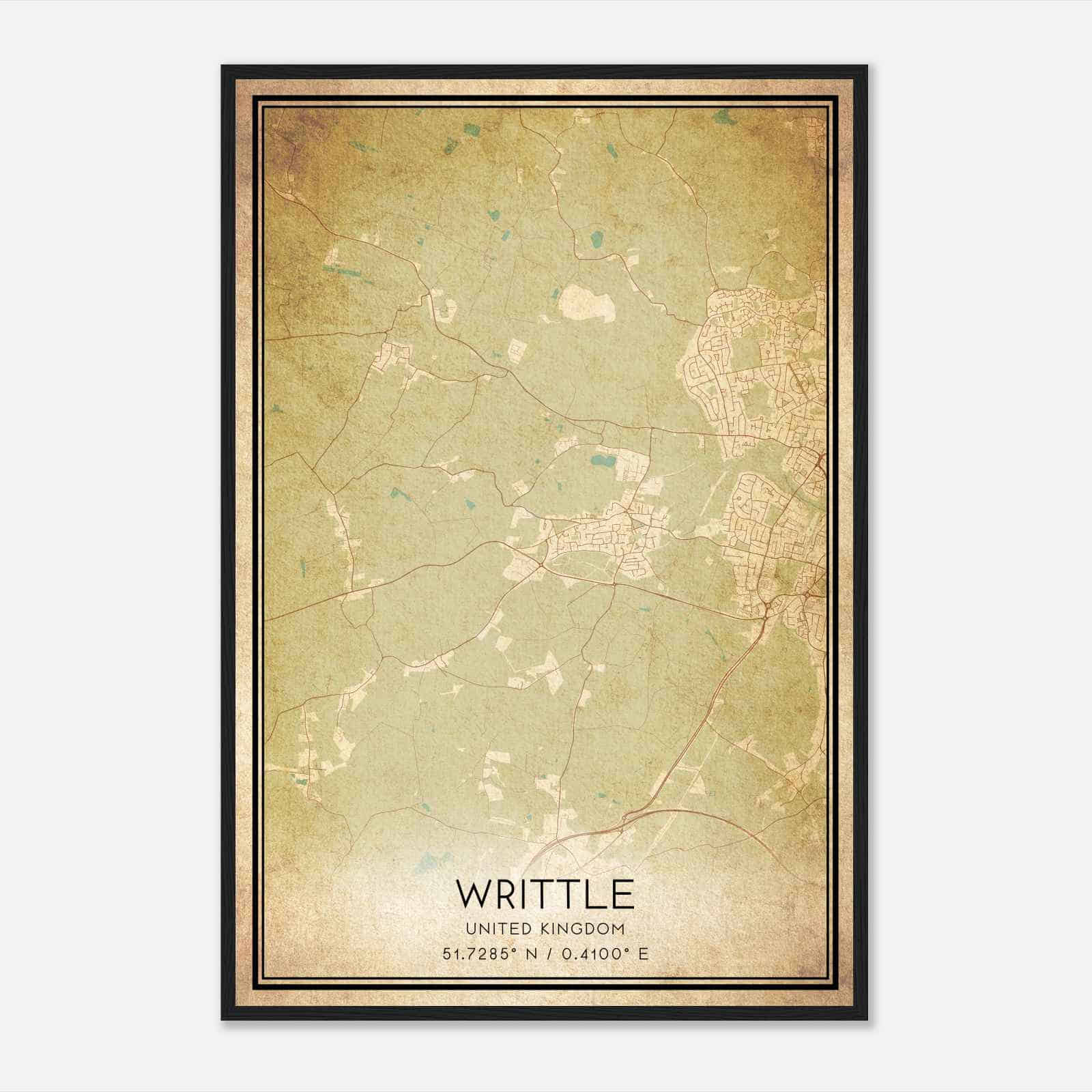 Vintage Writtle United Kingdom Map Poster, Writtle City Road Wall Art Print