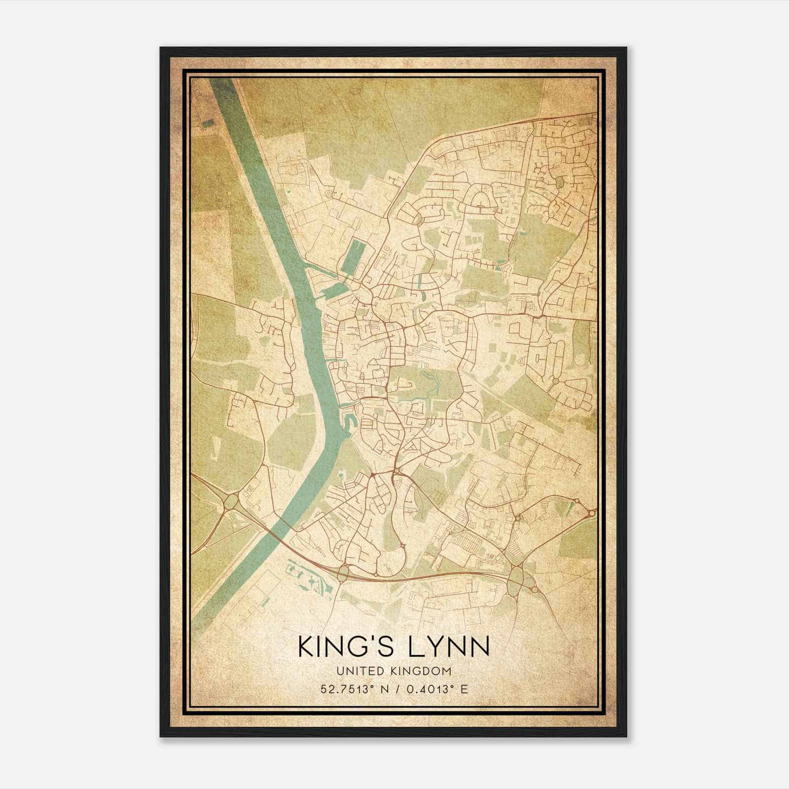 Vintage King’s Lynn United Kingdom Map Poster, King’s Lynn City Road Wall Art Print