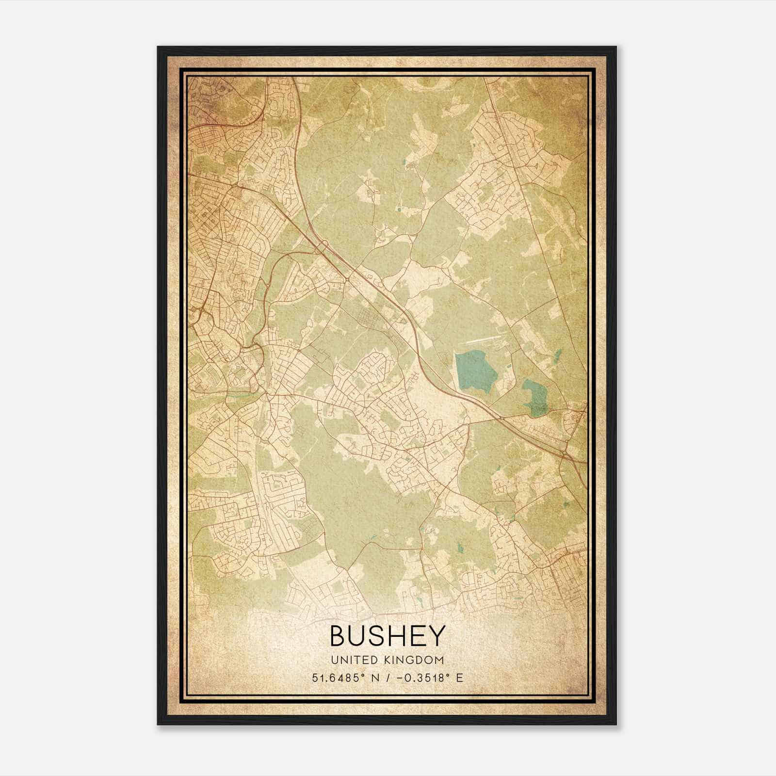 Vintage Bushey United Kingdom Map Poster, Bushey City Road Wall Art Print