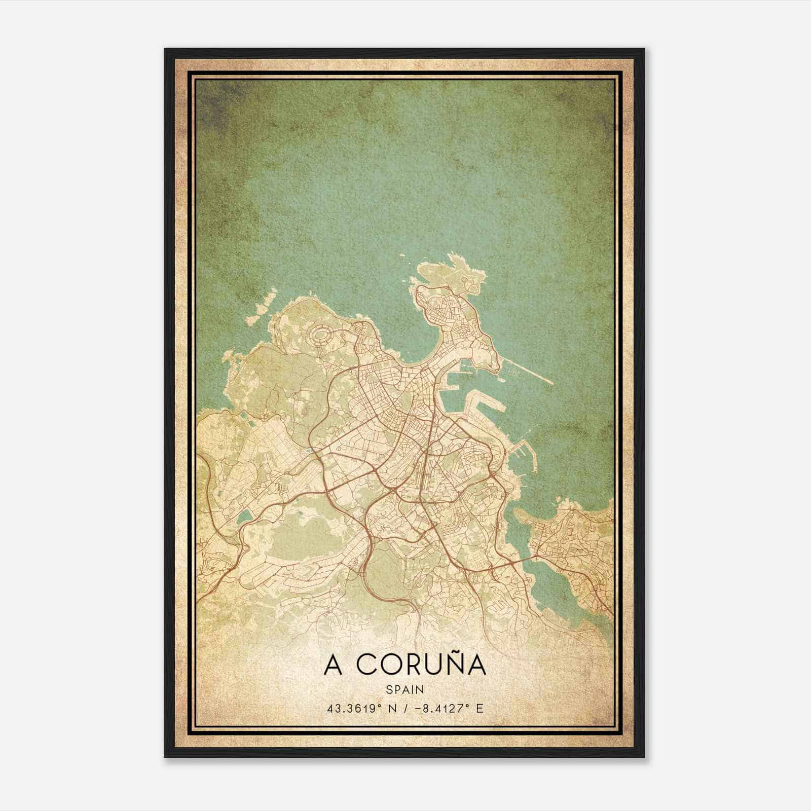 Vintage A Coruna Spain Map Poster, A Coruna City Road Wall Art Print