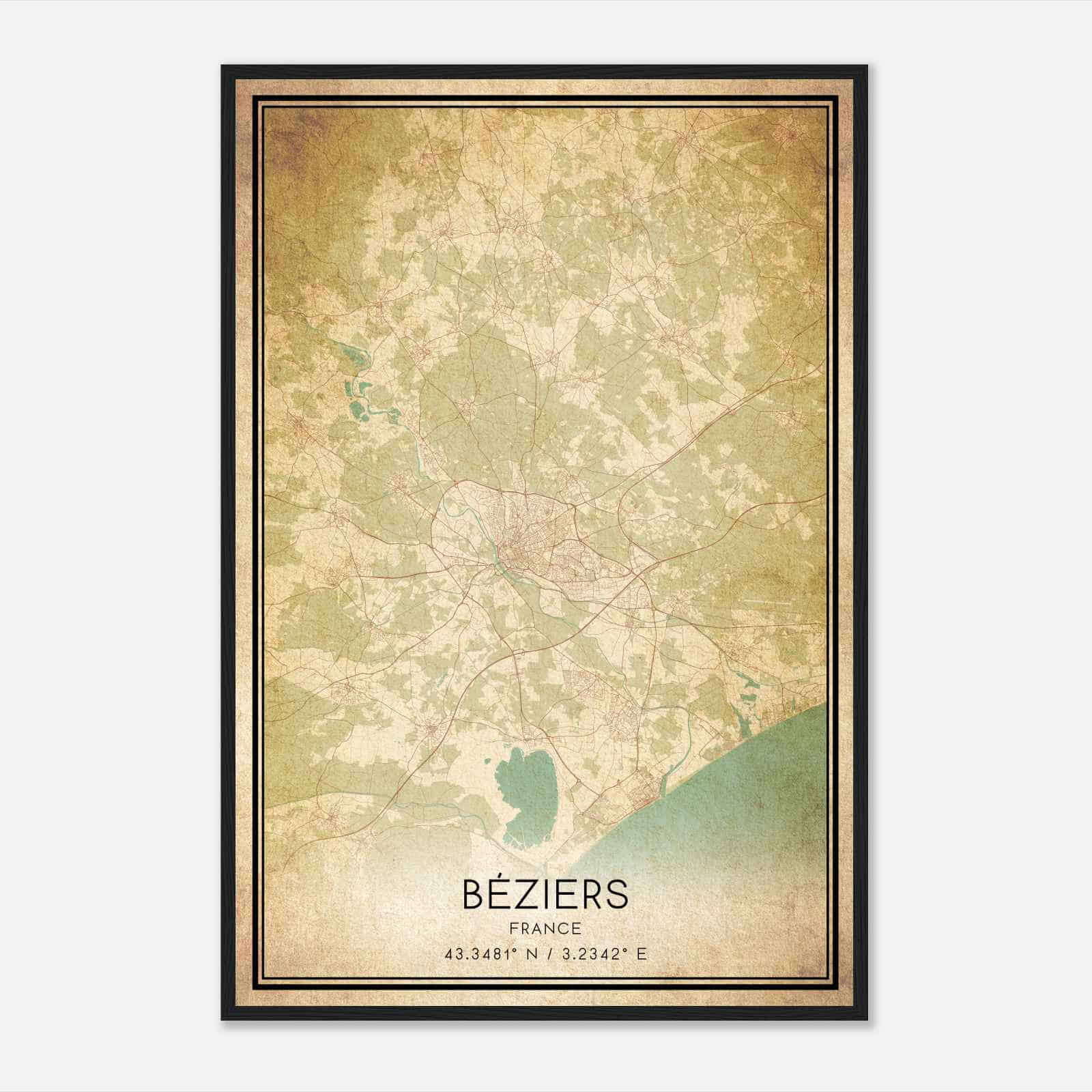Vintage Beziers France Map Poster, Beziers City Road Wall Art Print
