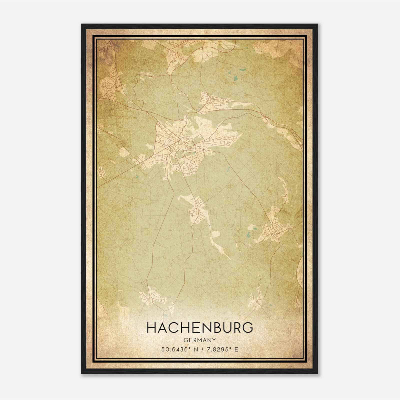 Vintage Hachenburg Germany Map Poster, Hachenburg City Road Wall Art Print