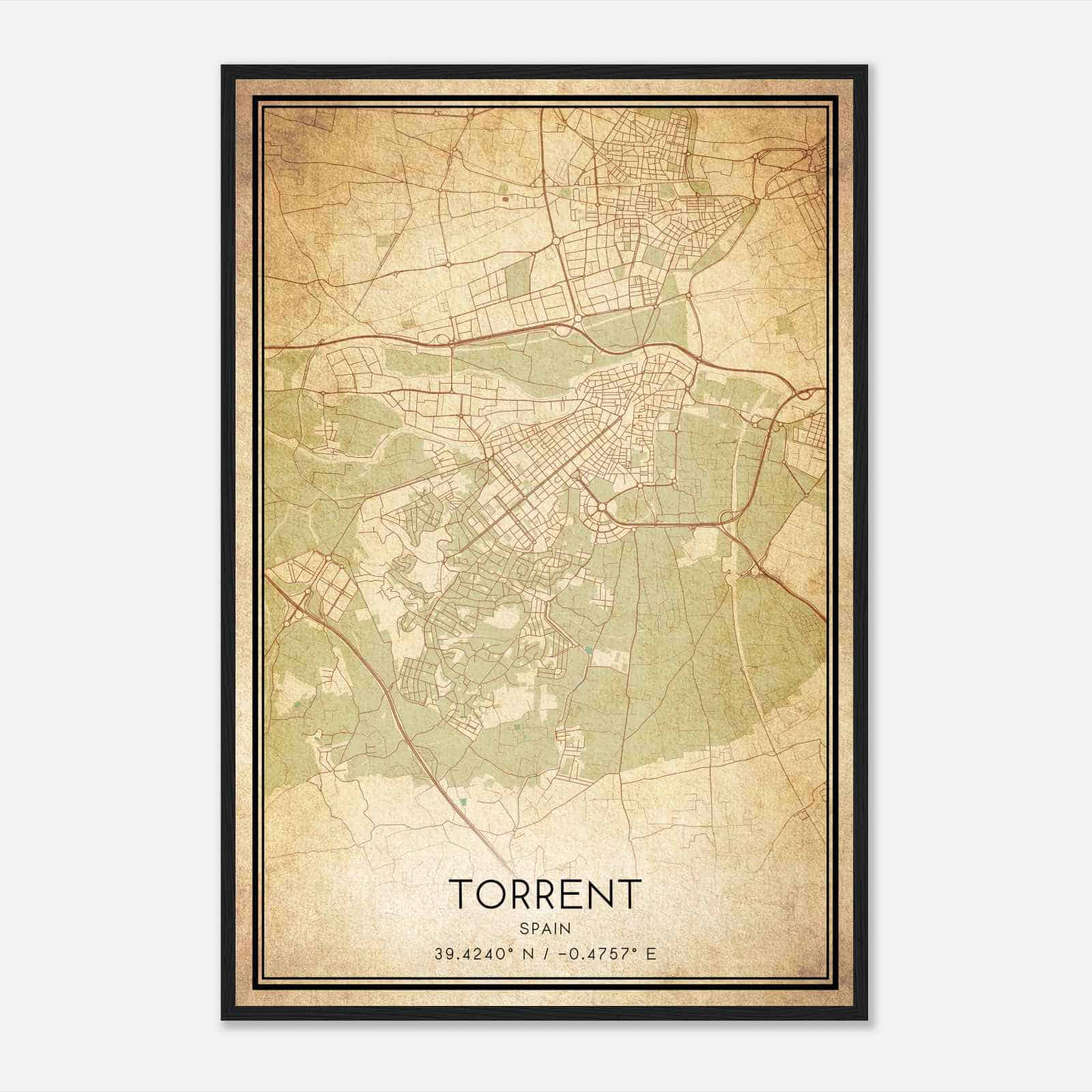 Vintage Torrente Spain Map Poster, Torrente City Road Wall Art Print