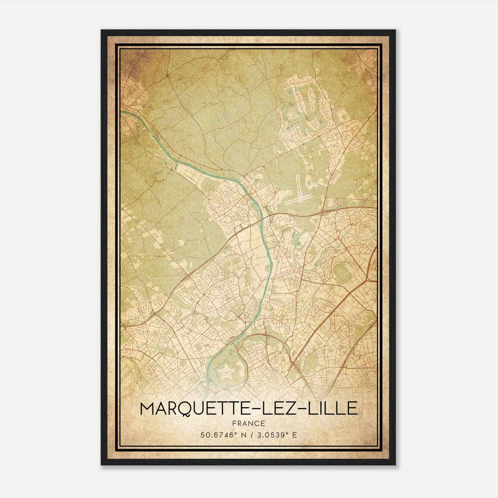 Vintage Marquette-les-Lille France Map Poster, Marquette-les-Lille City Road Wall Art Print
