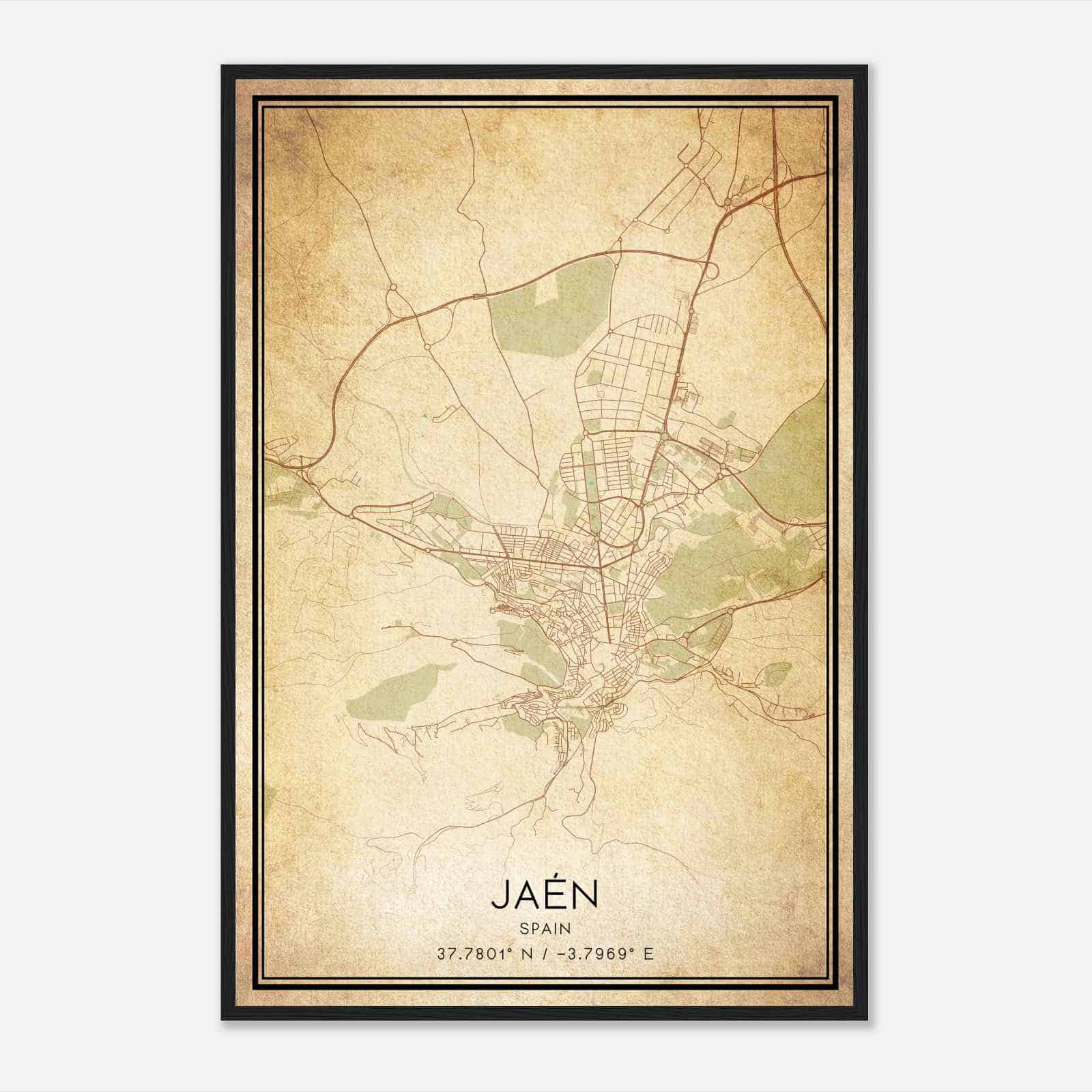 Vintage Jaen Spain Map Poster, Jaen City Road Wall Art Print