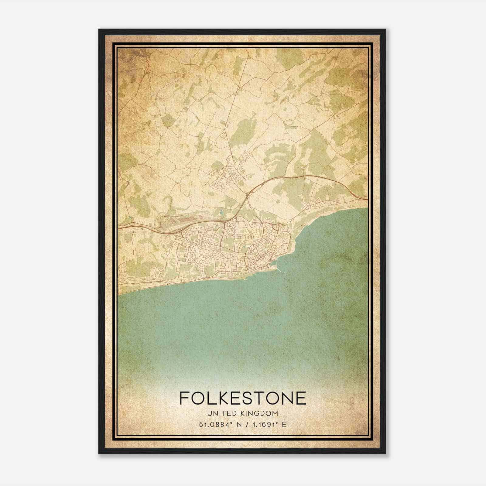 Vintage Folkestone United Kingdom Map Poster, Folkestone City Road Wall Art Print Vintage Folkestone United Kingdom Map Poster, Folkestone City Road Wall Art Print