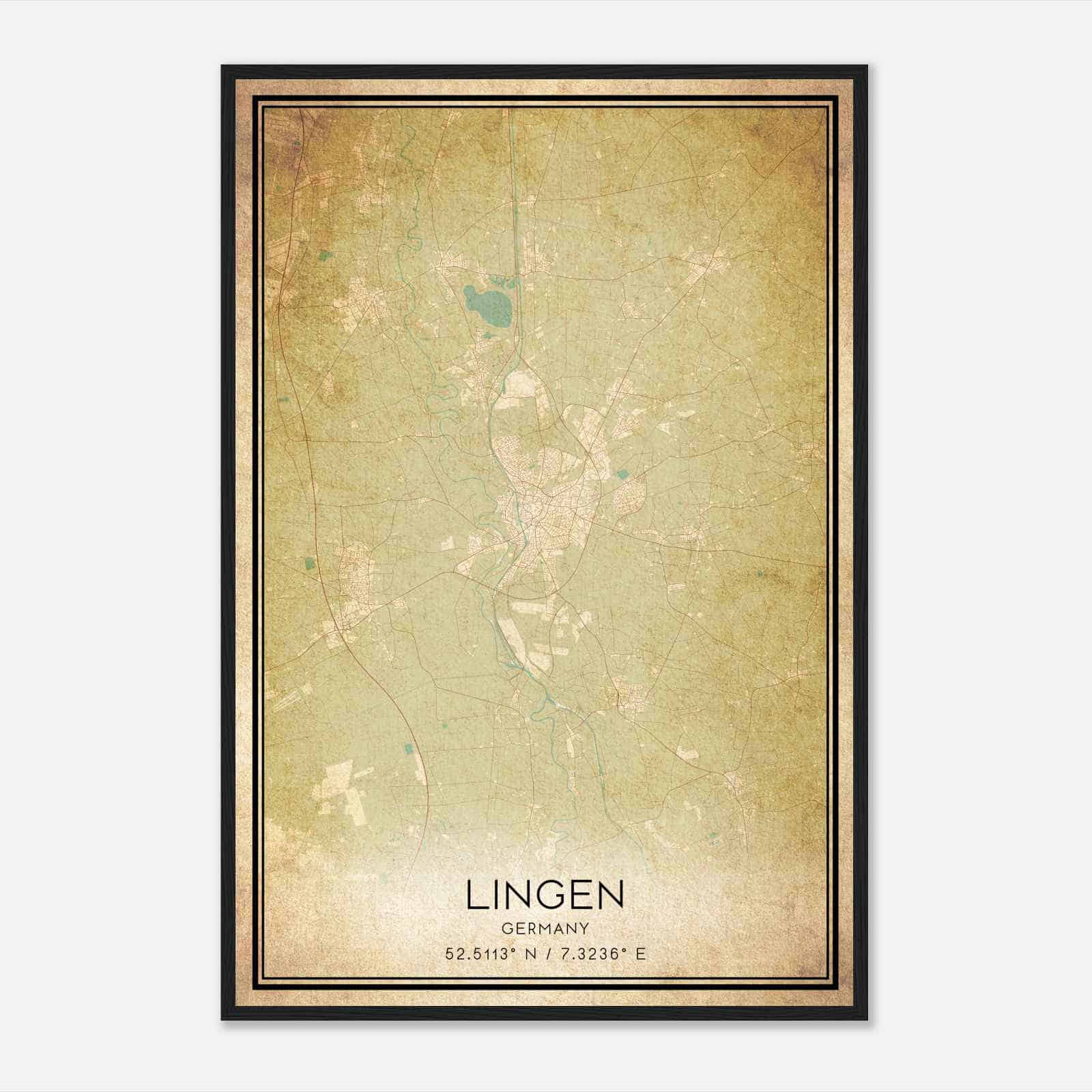 Vintage Lingen Germany Map Poster, Lingen City Road Wall Art Print