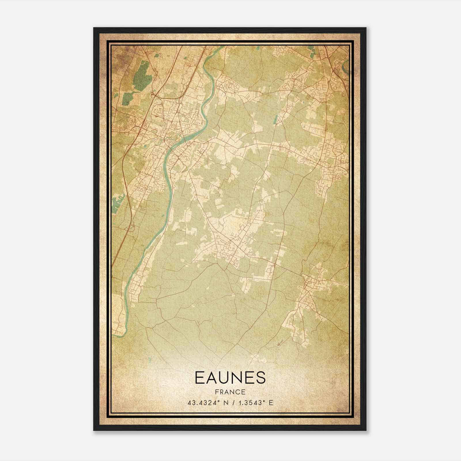 Vintage Eaunes France Map Poster, Eaunes City Road Wall Art Print