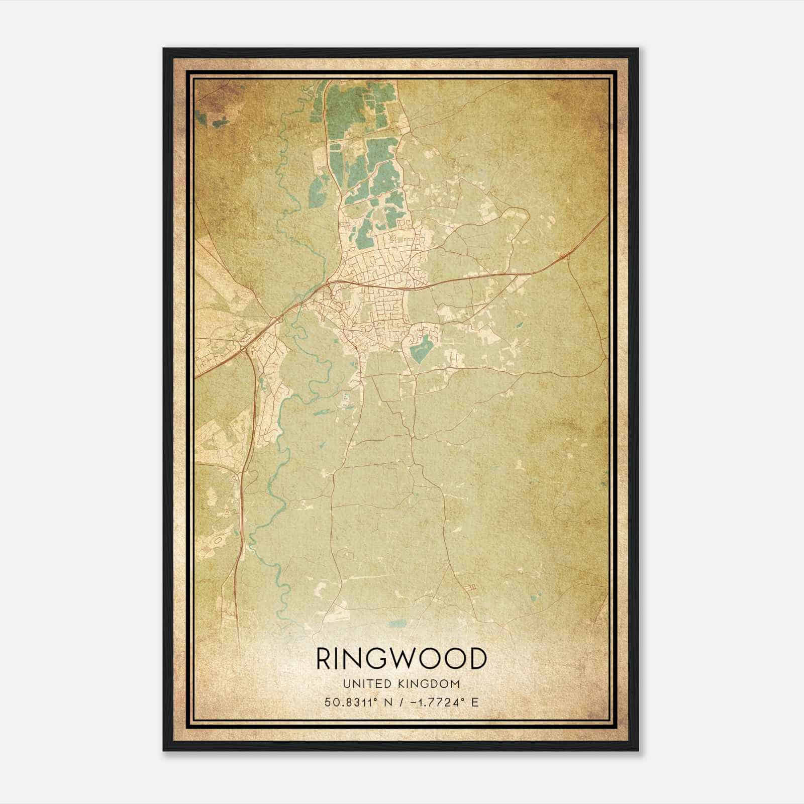 Vintage Ringwood United Kingdom Map Poster, Ringwood City Road Wall Art Print