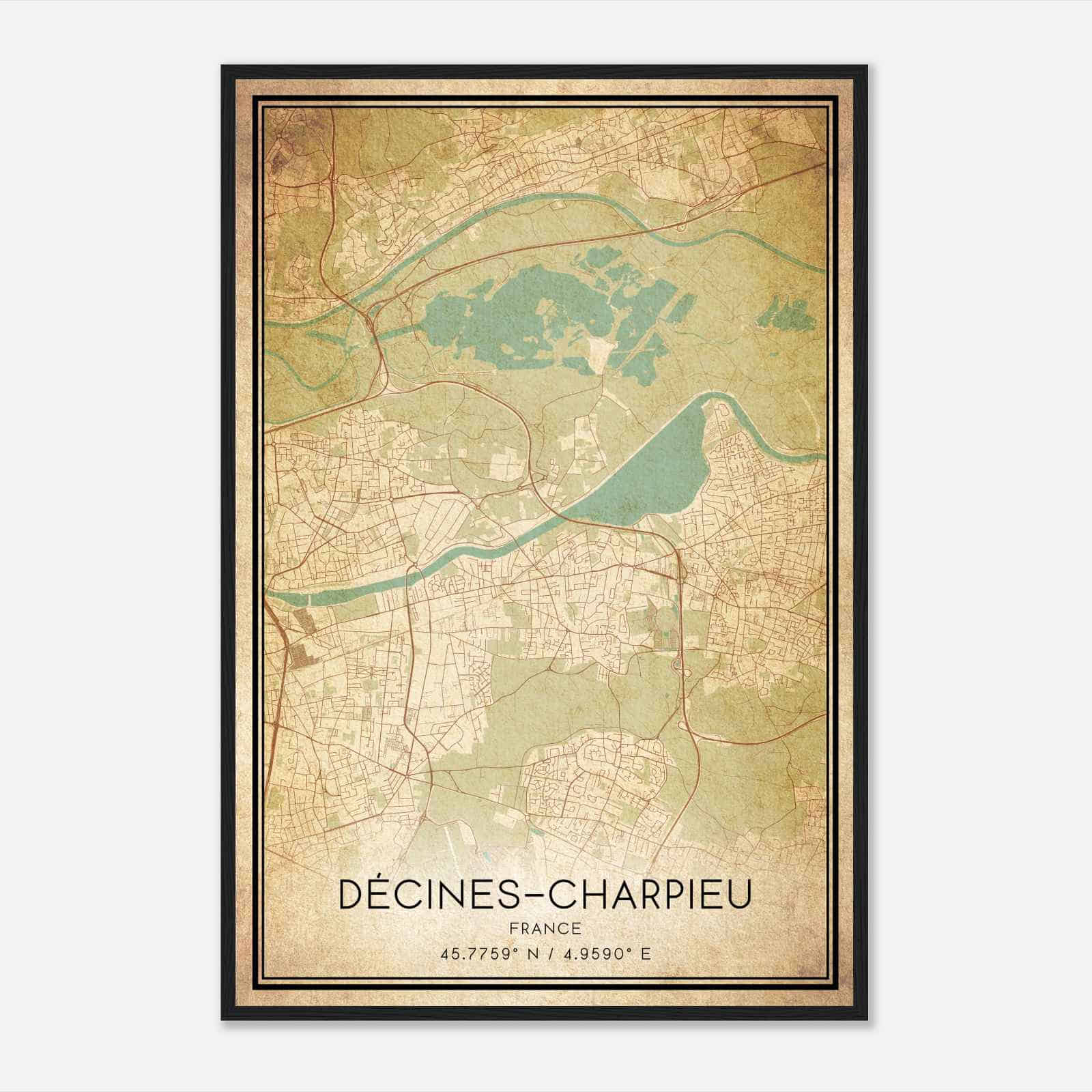 Vintage Decines-Charpieu France Map Poster, Decines-Charpieu City Road Wall Art Print