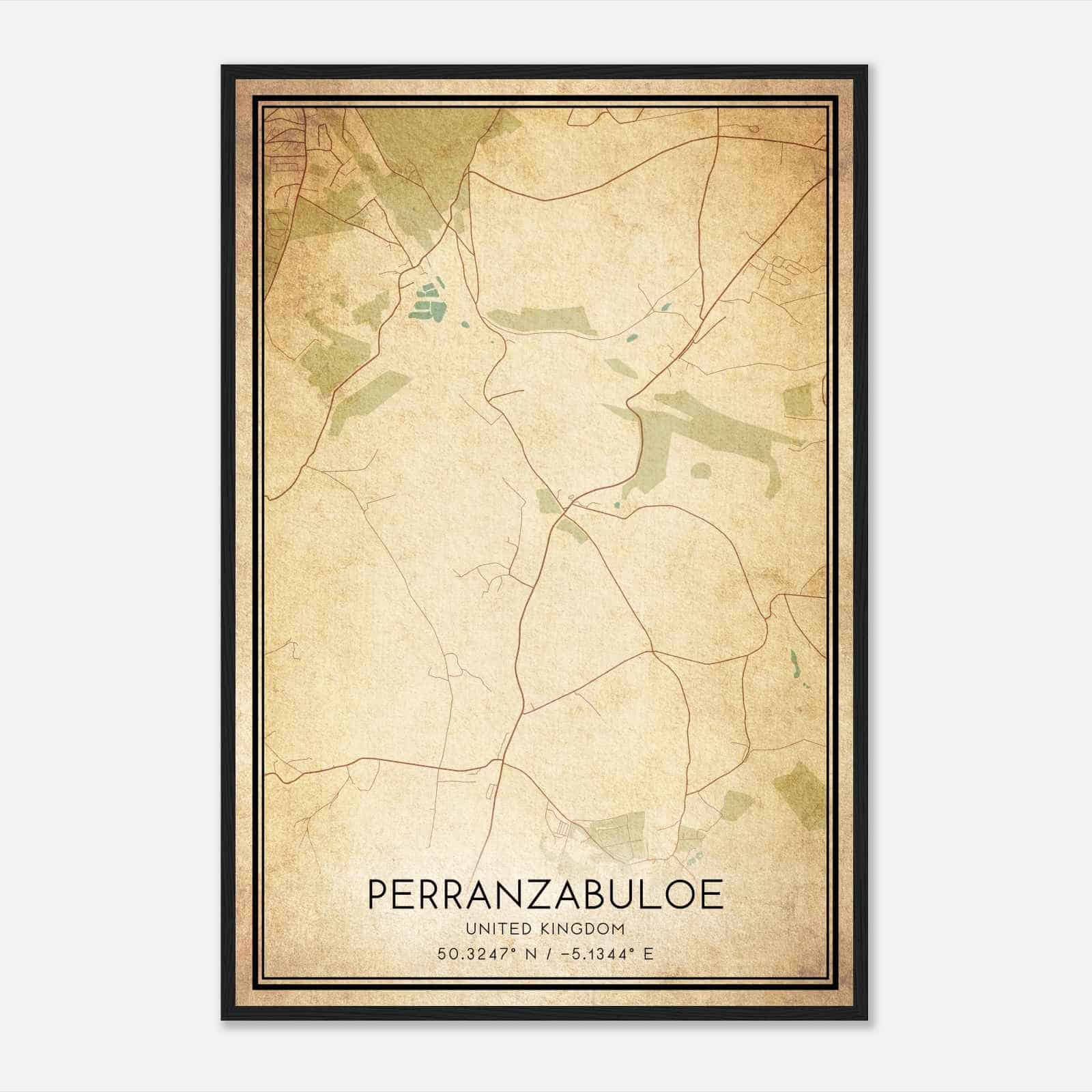 Vintage Perranzabuloe United Kingdom Map Poster, Perranzabuloe City Road Wall Art Print