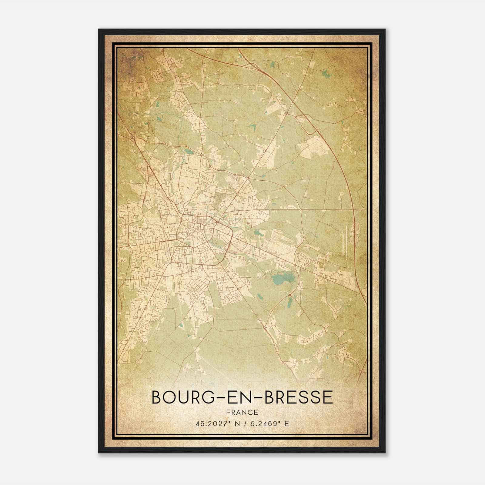 Vintage Bourg-en-Bresse France Map Poster, Bourg-en-Bresse City Road Wall Art Print