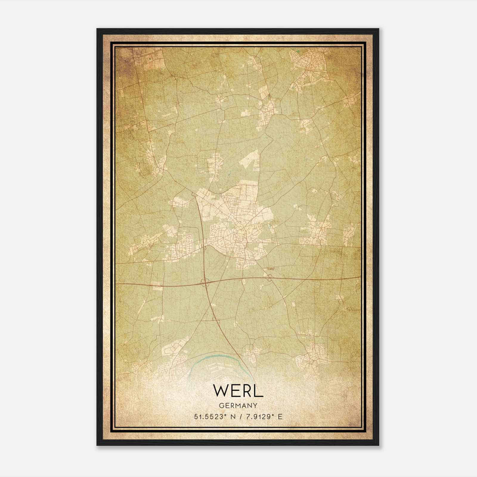 Vintage Werl Germany Map Poster, Werl City Road Wall Art Print