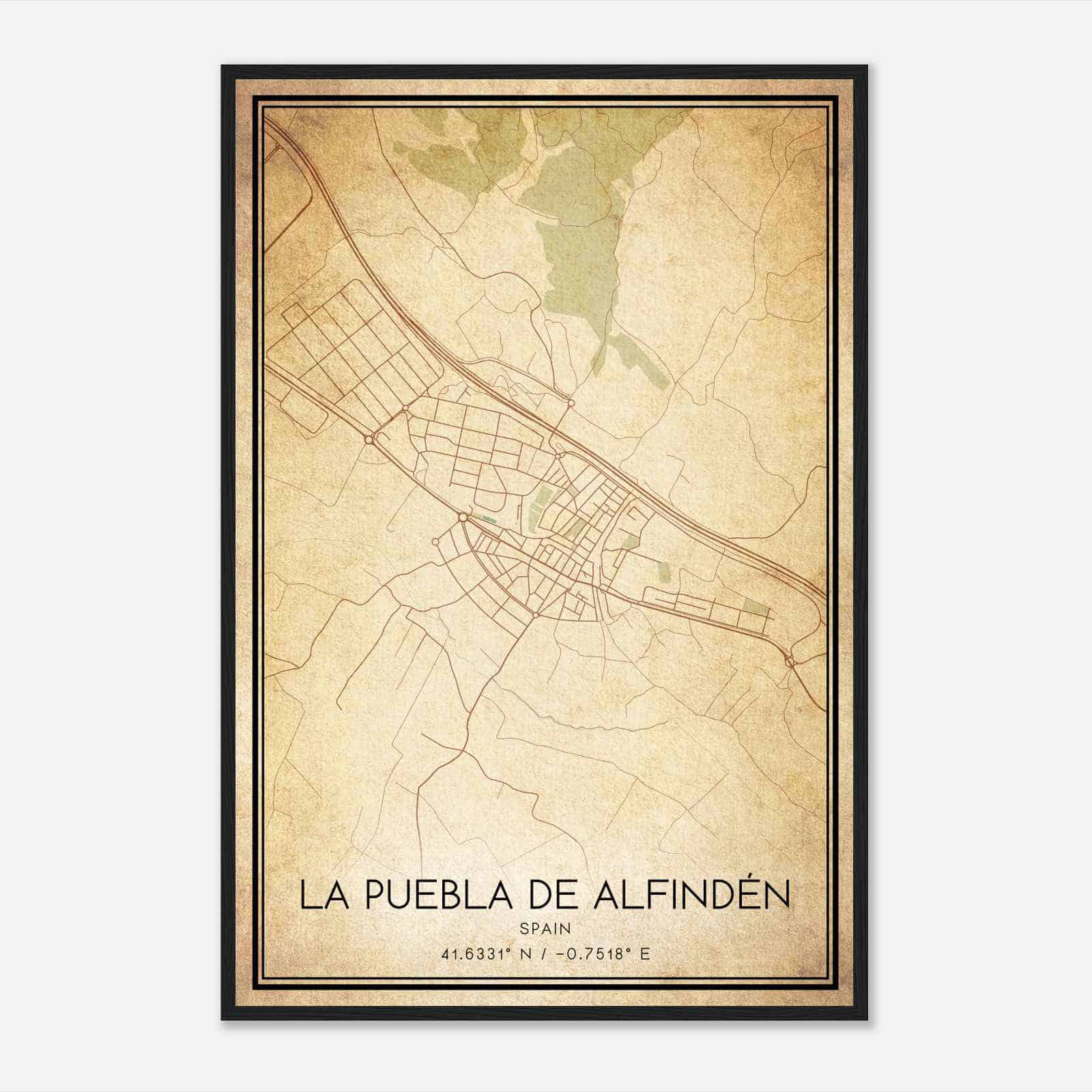 Vintage Puebla de Alfinden Spain Map Poster, Puebla de Alfinden City Road Wall Art Print