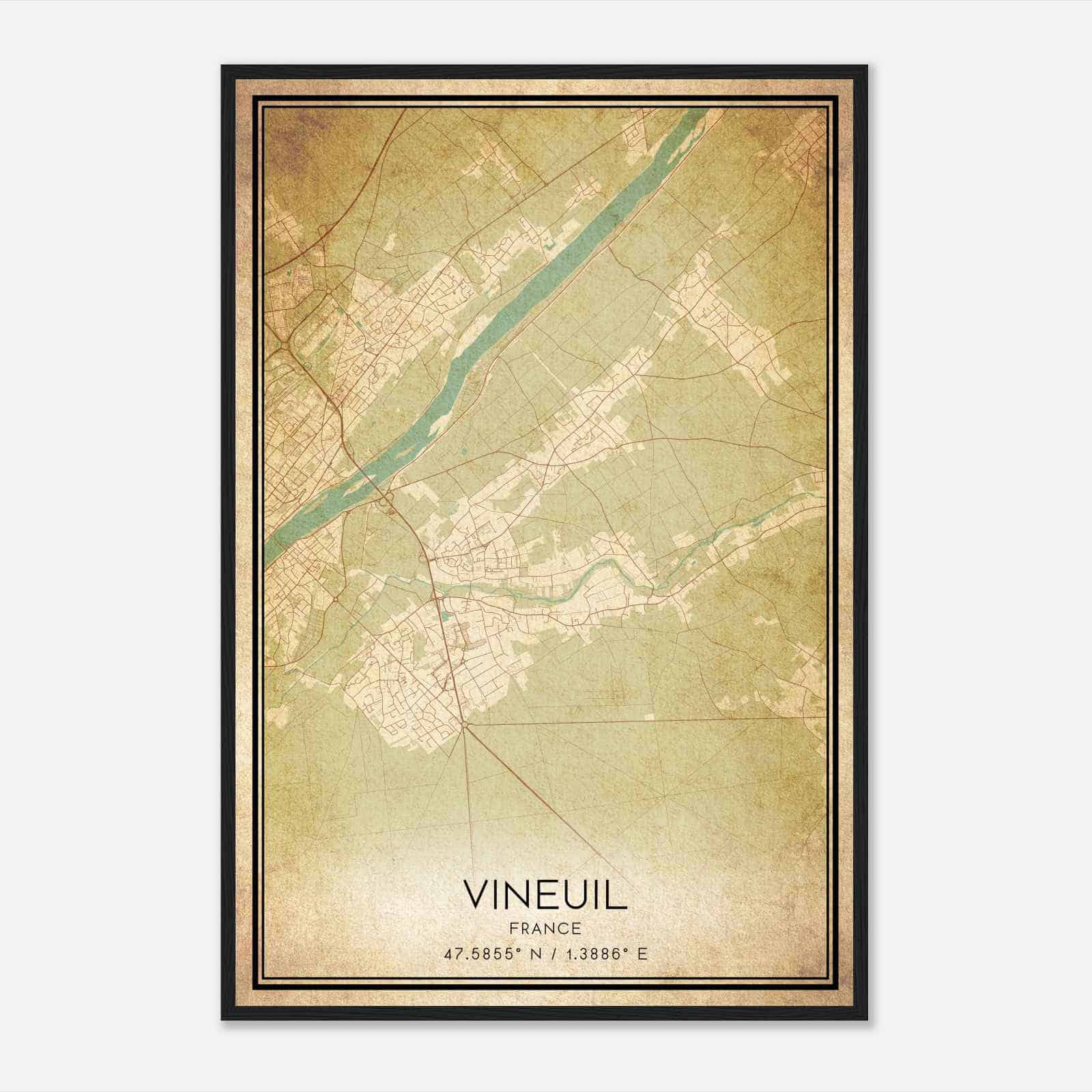 Vintage Vineuil France Map Poster, Vineuil City Road Wall Art Print