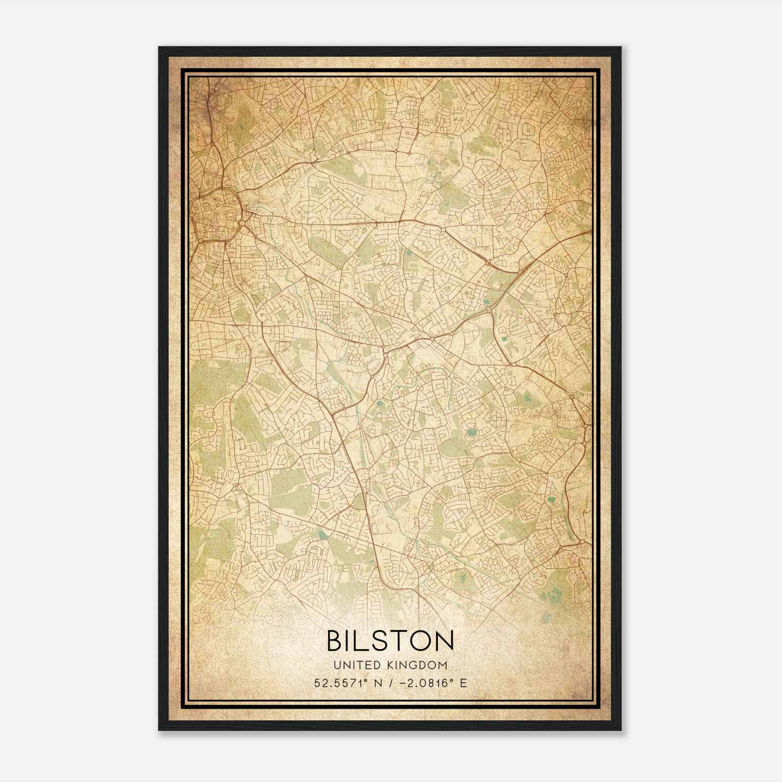 Vintage Bilston United Kingdom Map Poster, Bilston City Road Wall Art Print