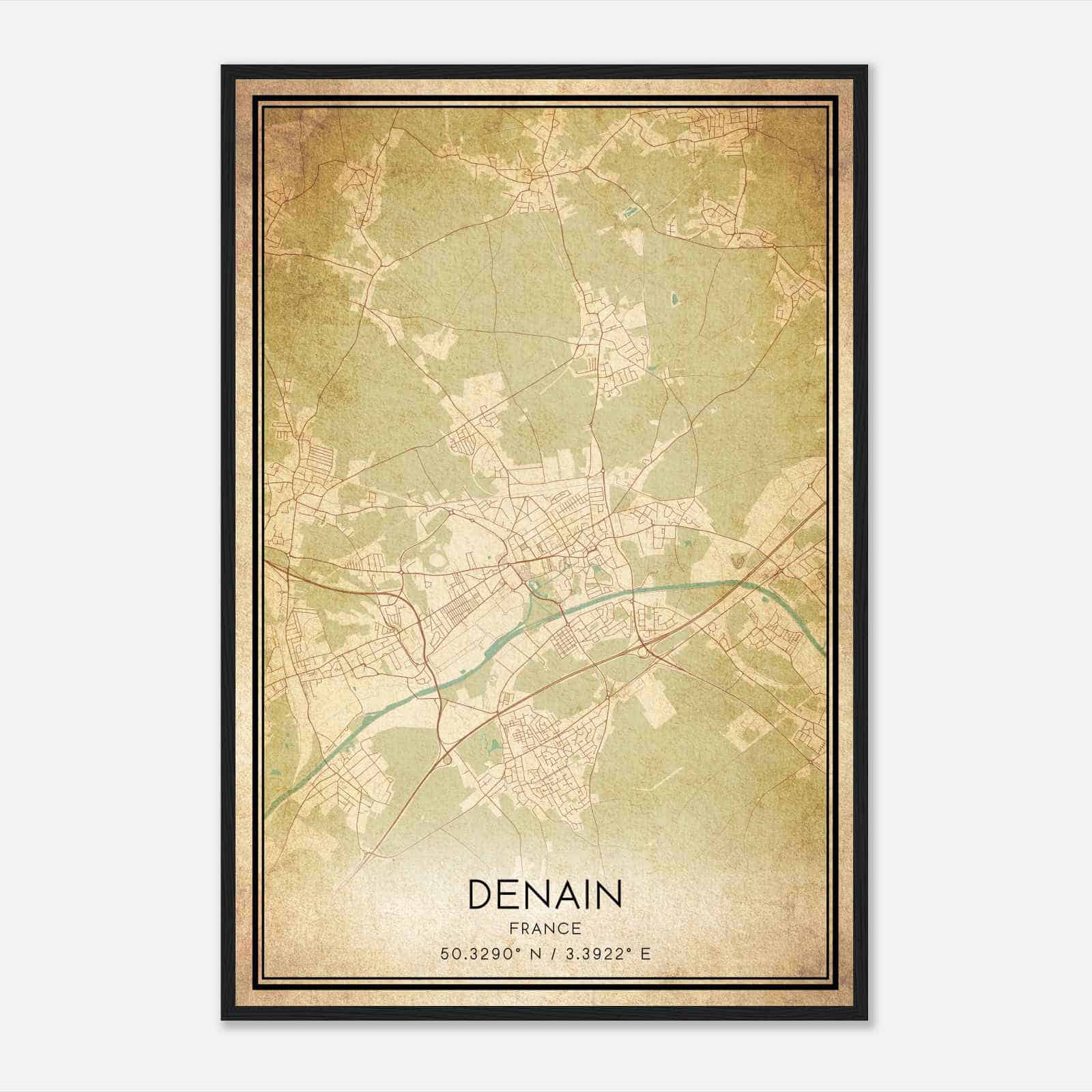 Vintage Denain France Map Poster, Denain City Road Wall Art Print