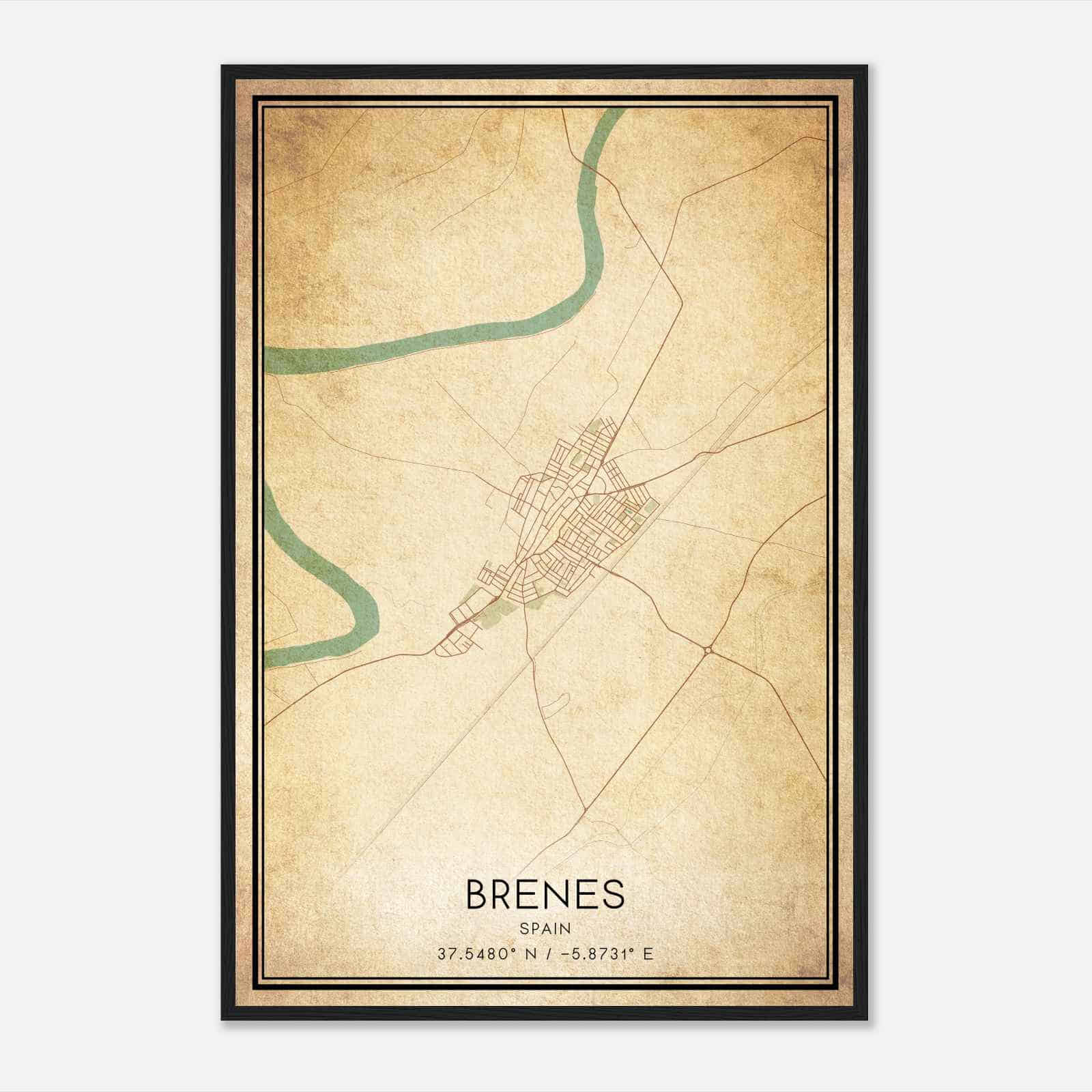 Vintage Brenes Spain Map Poster, Brenes City Road Wall Art Print